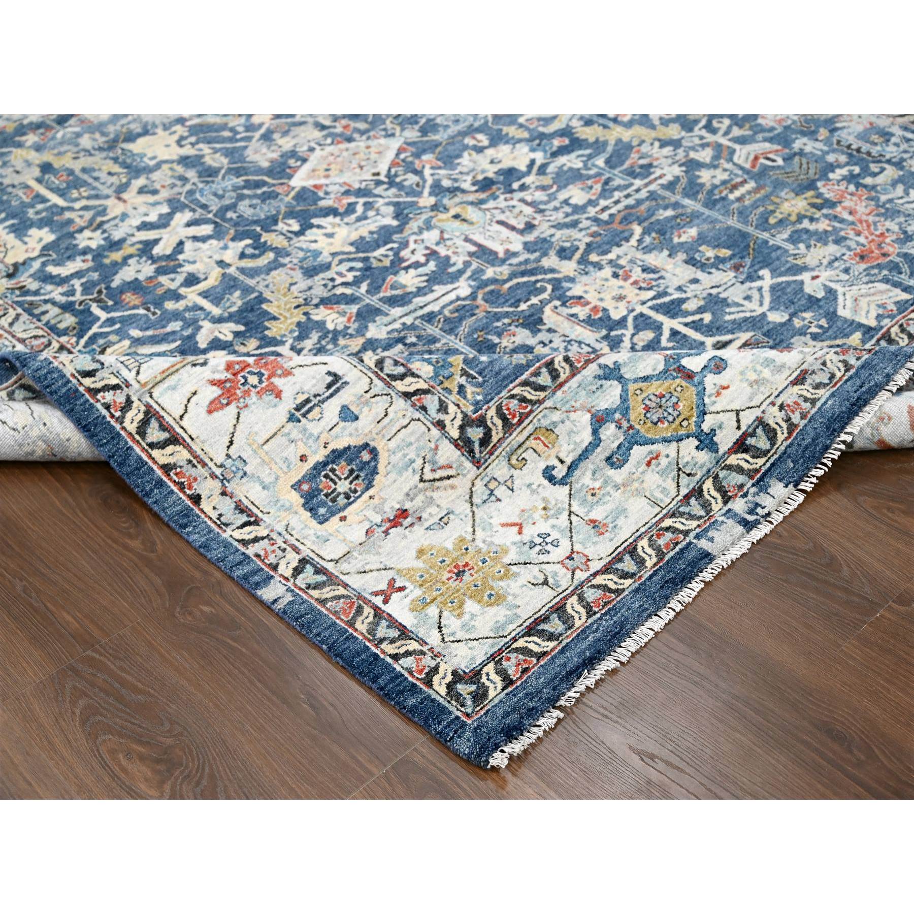 8'x9'9" Meditative Blue, Densely Woven, Broken and Erased Hand Knotted Persian Heriz All Over Design With Soft Color Palette, Shiny Wool, Oriental Rug Sh84971