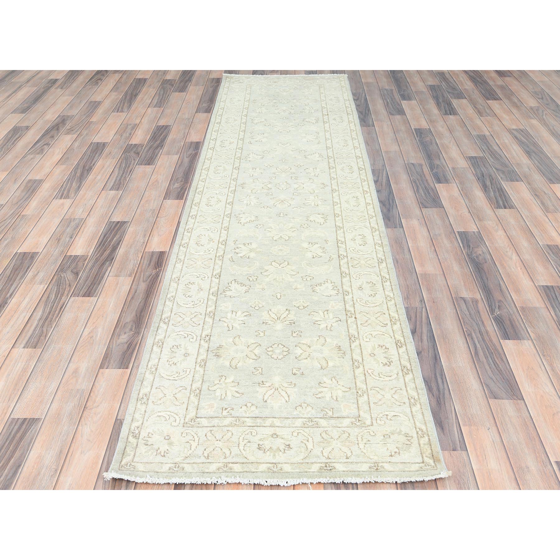 2'9"x9'7" Ivory, Hand Knotted, Afghan Stone Washed Peshawar, Soft Wool, Runner Oriental Rug Sh85213