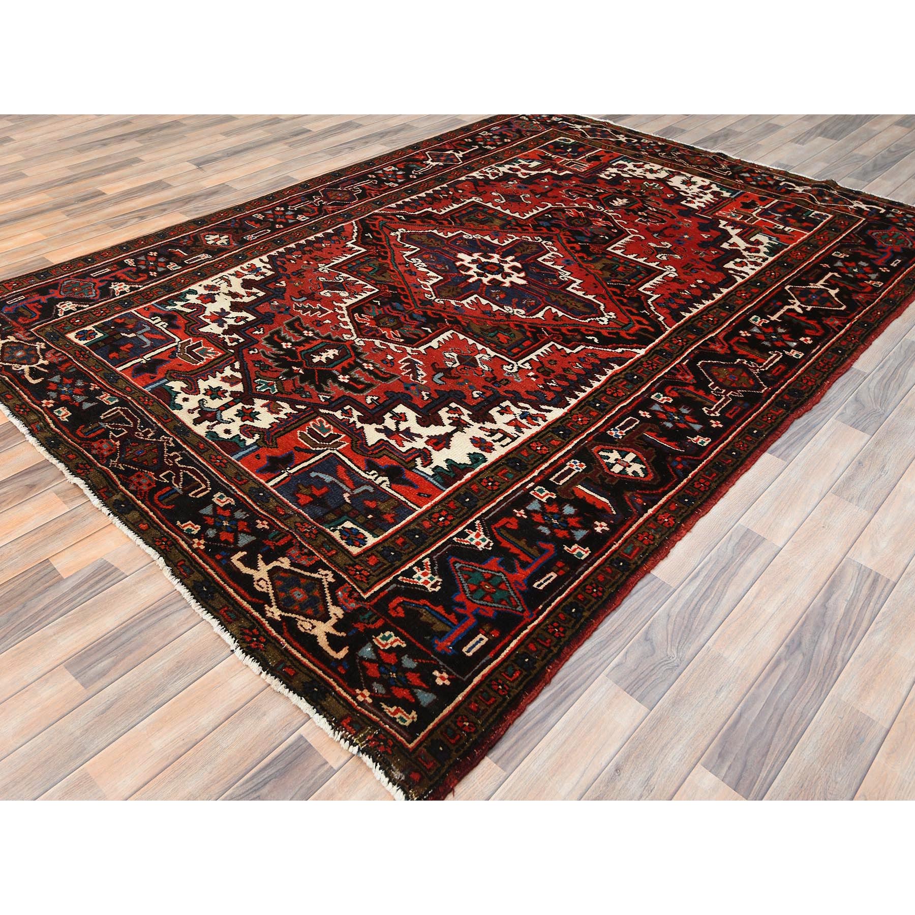 6'8"x9'3" Tomato Red, Hand Knotted, Worn Wool, Vintage Persian Heriz, Good Condition, Sides and Ends Professionally Secured, Cleaned, Oriental Rug Sh85237