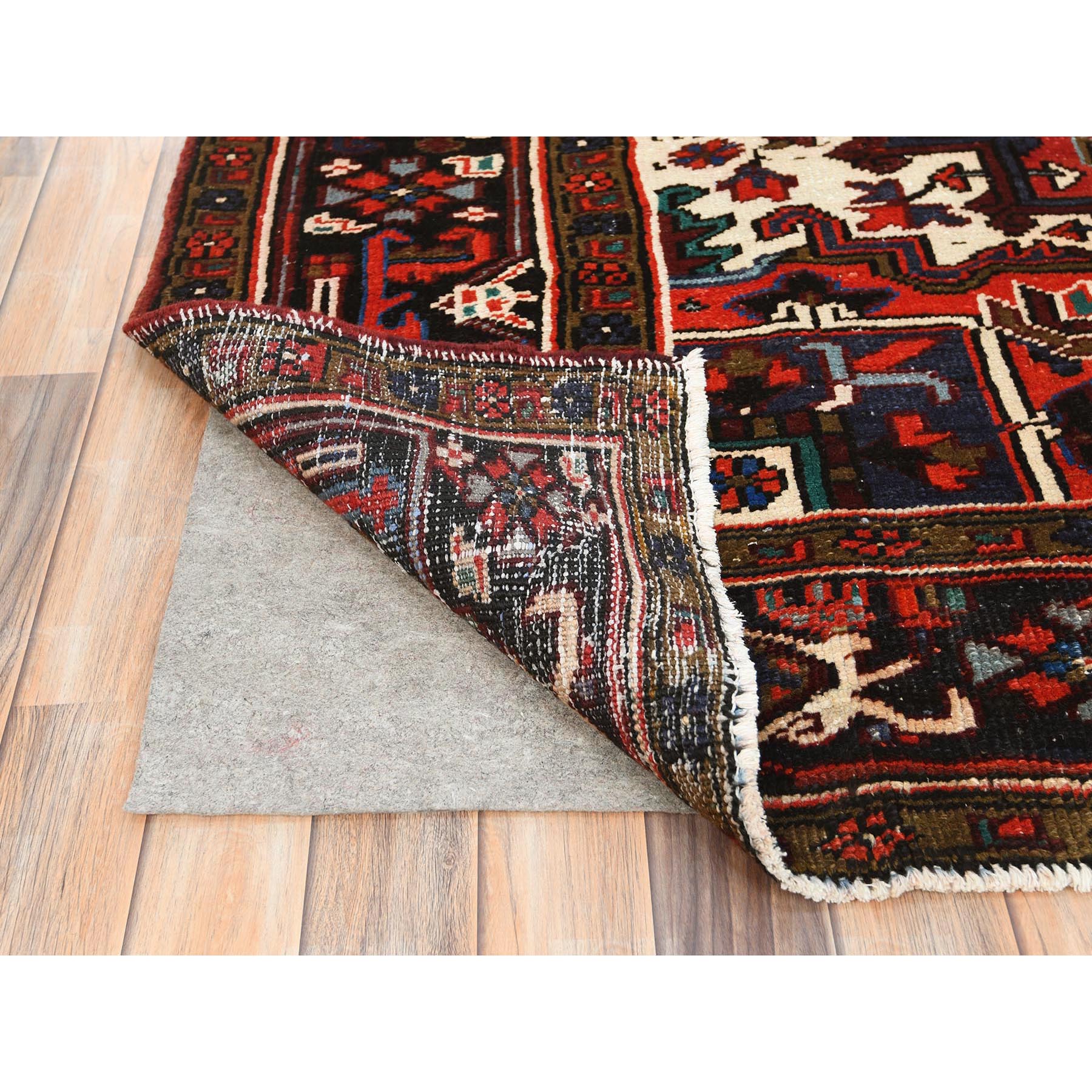 6'8"x9'3" Tomato Red, Hand Knotted, Worn Wool, Vintage Persian Heriz, Good Condition, Sides and Ends Professionally Secured, Cleaned, Oriental Rug Sh85237
