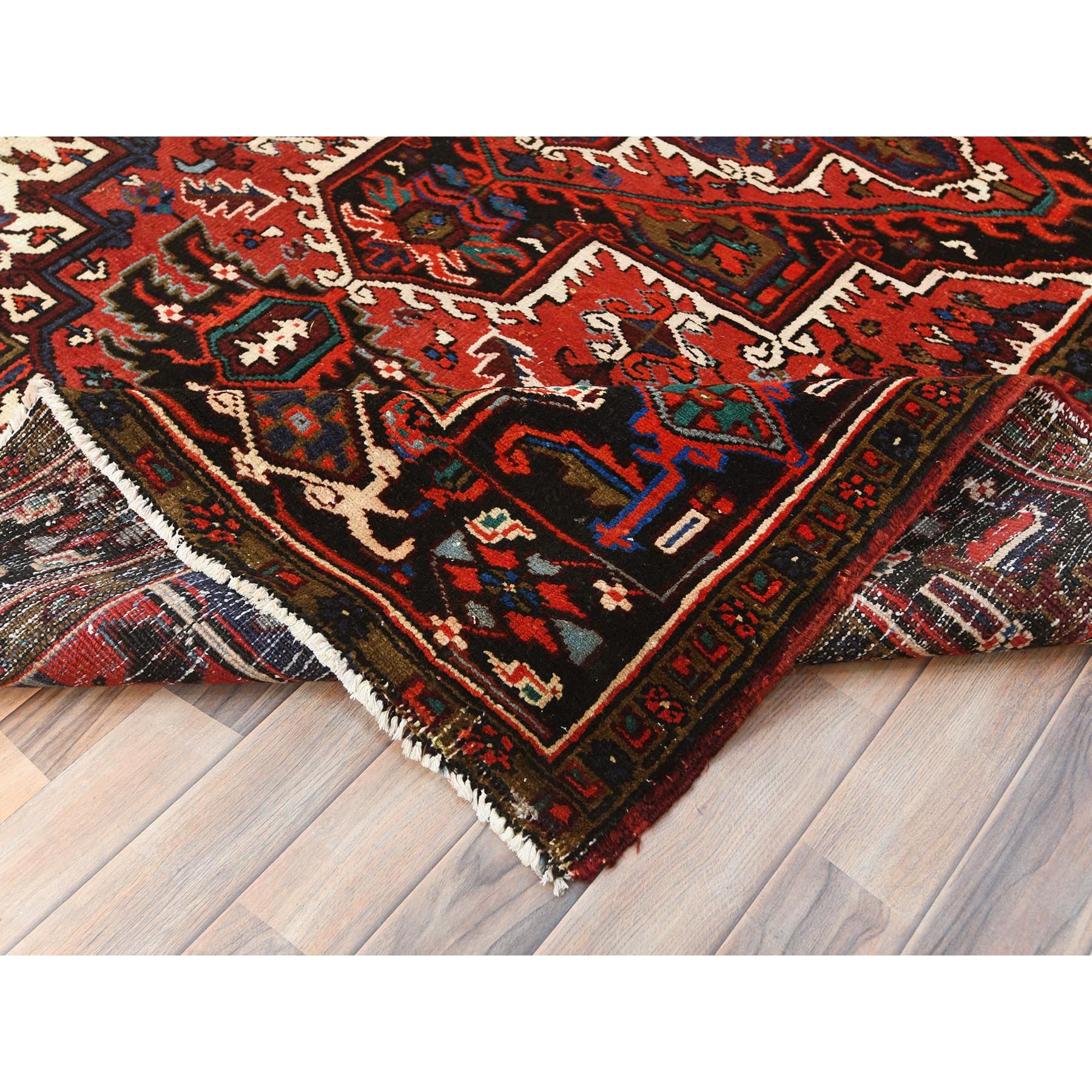 6'8"x9'3" Tomato Red, Hand Knotted, Worn Wool, Vintage Persian Heriz, Good Condition, Sides and Ends Professionally Secured, Cleaned, Oriental Rug Sh85237