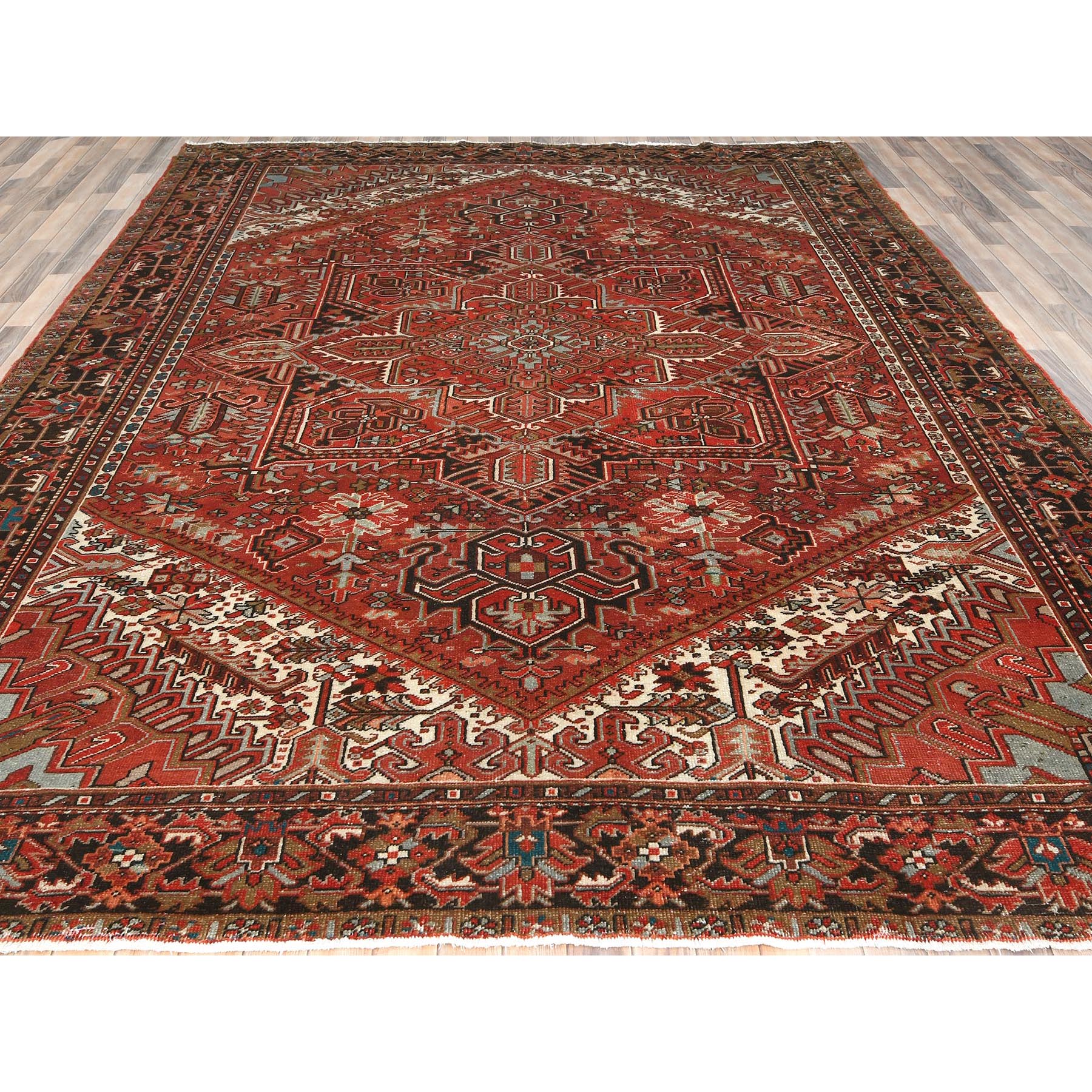 9'9"x12'4" Tomato Red, Hand Knotted, Sides and Ends Professionally Secured, cleaned, Vintage Persian Heriz, Worn Down with Distressed Look, Oriental Rug Sh85248