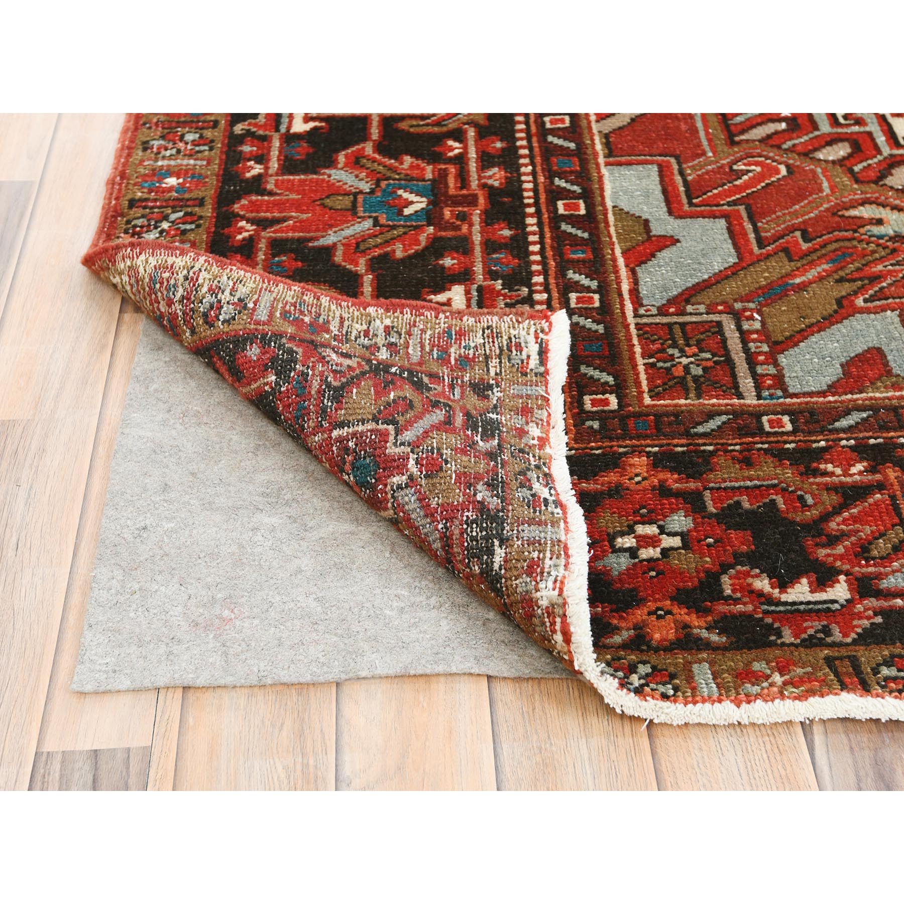 9'9"x12'4" Tomato Red, Hand Knotted, Sides and Ends Professionally Secured, cleaned, Vintage Persian Heriz, Worn Down with Distressed Look, Oriental Rug Sh85248