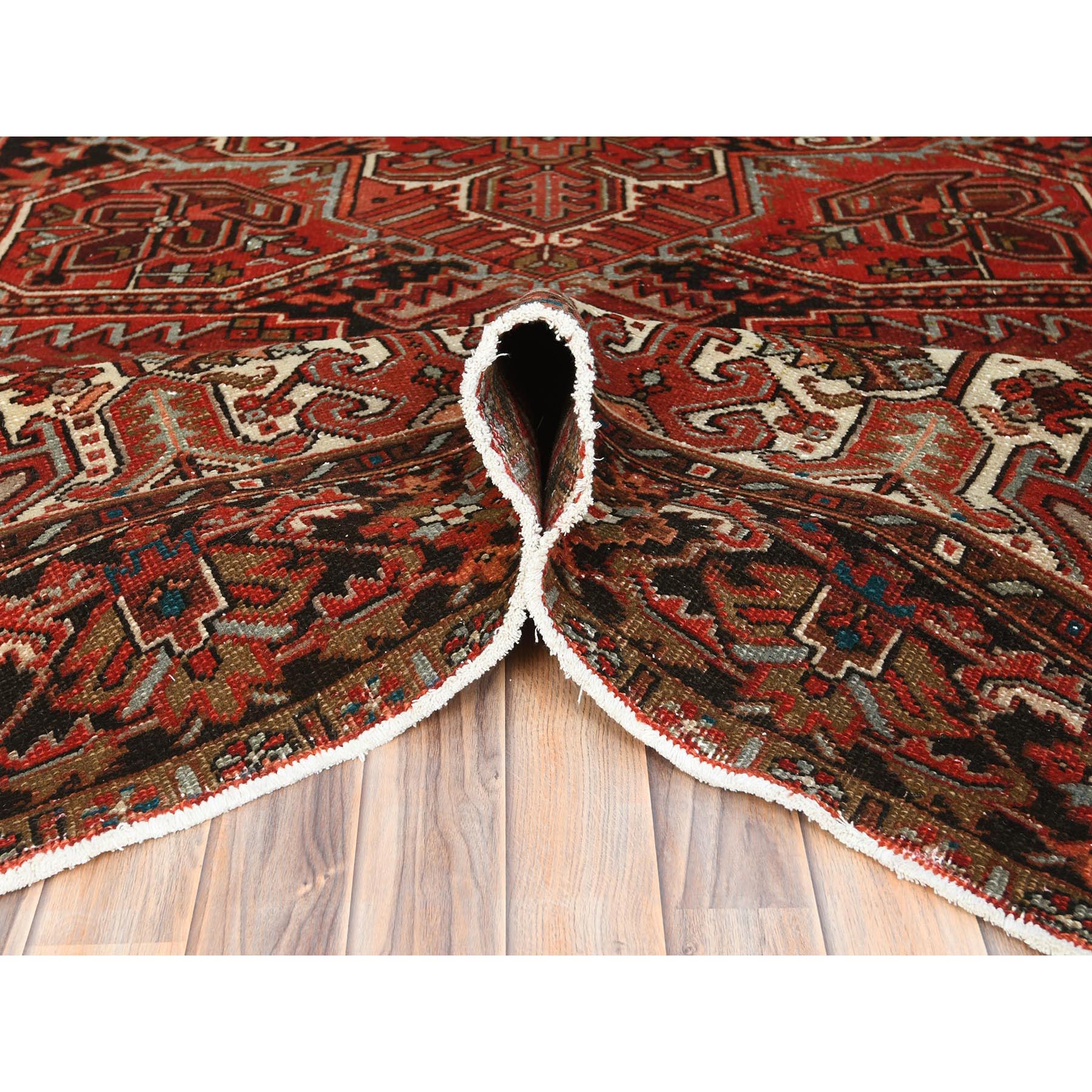 9'9"x12'4" Tomato Red, Hand Knotted, Sides and Ends Professionally Secured, cleaned, Vintage Persian Heriz, Worn Down with Distressed Look, Oriental Rug Sh85248