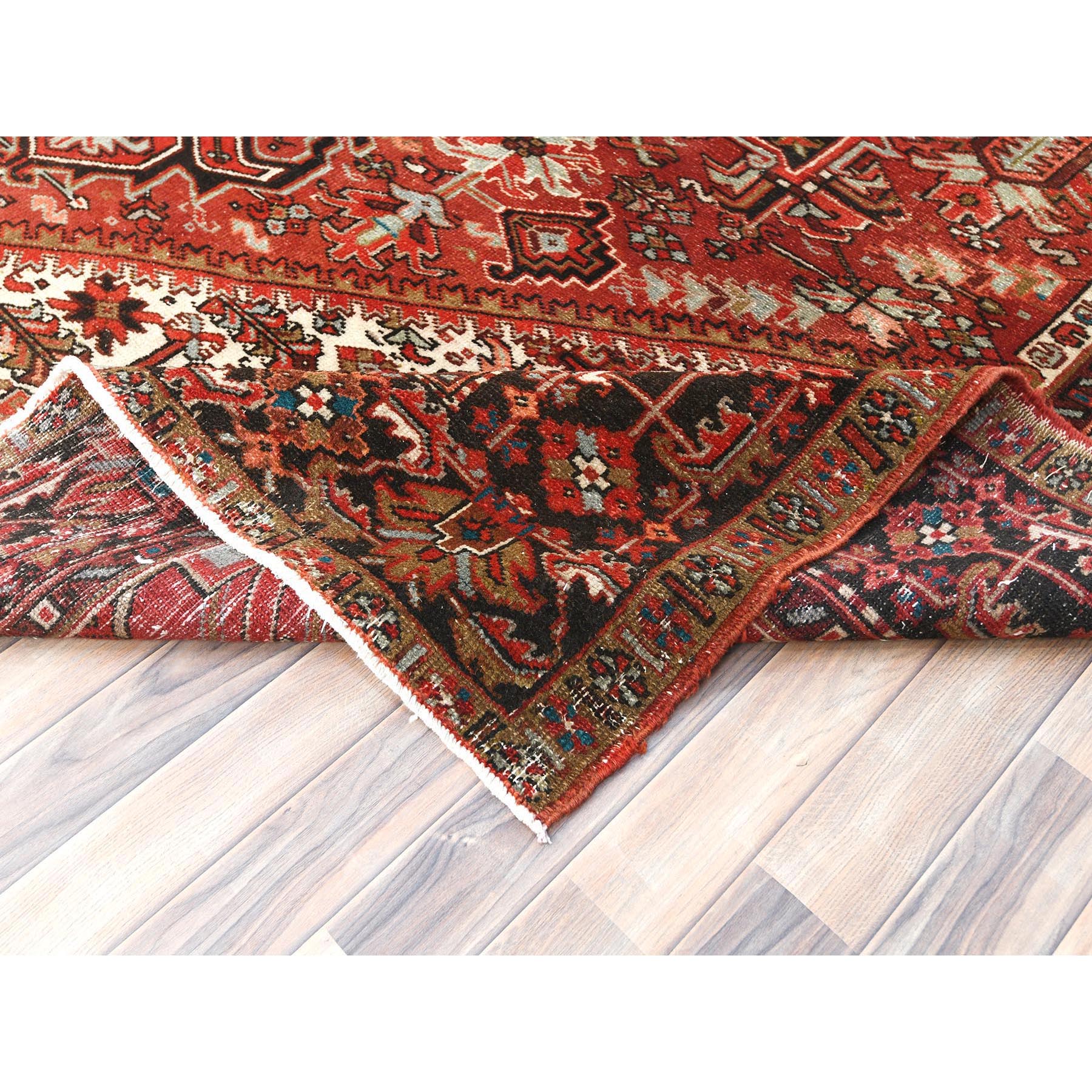 9'9"x12'4" Tomato Red, Hand Knotted, Sides and Ends Professionally Secured, cleaned, Vintage Persian Heriz, Worn Down with Distressed Look, Oriental Rug Sh85248