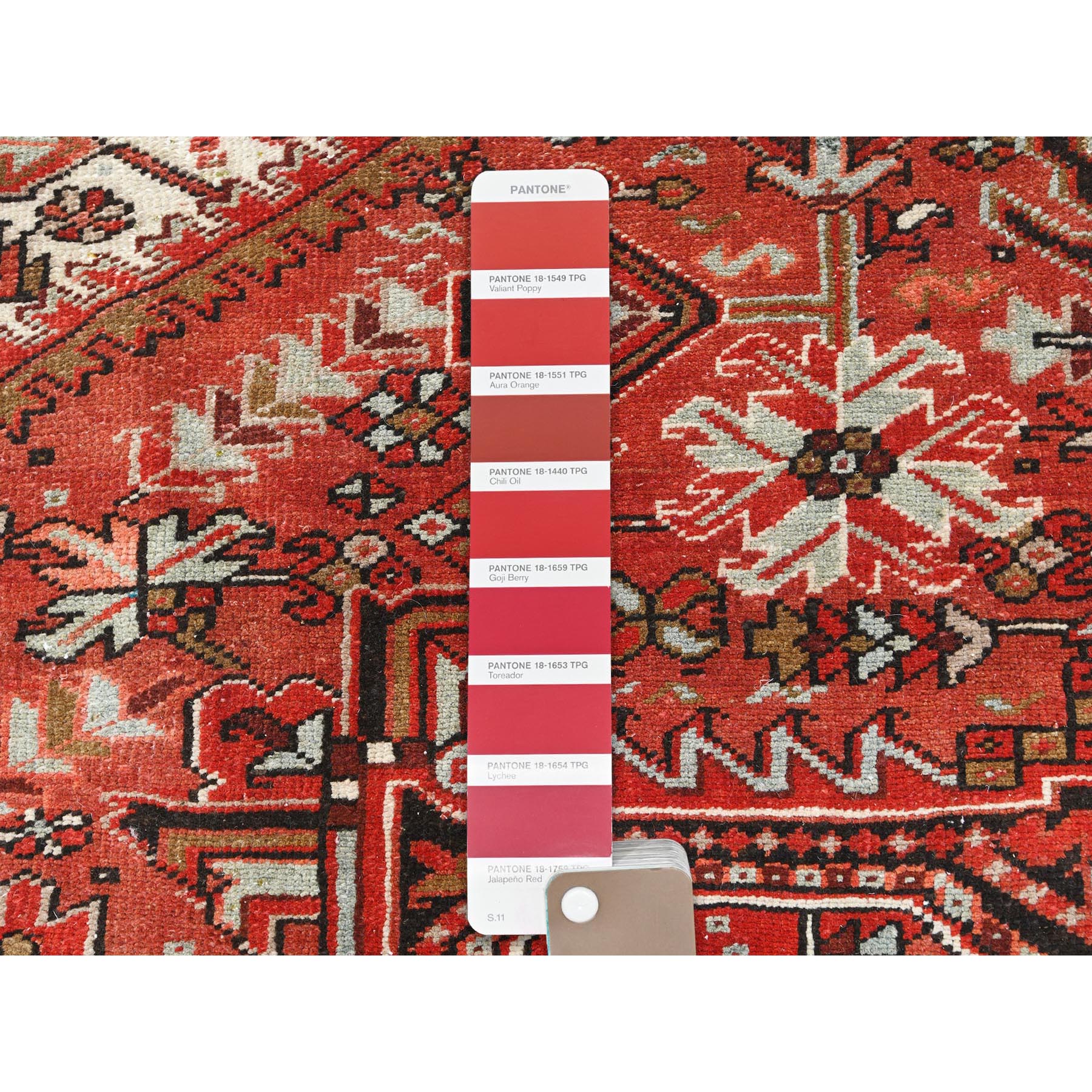9'9"x12'4" Tomato Red, Hand Knotted, Sides and Ends Professionally Secured, cleaned, Vintage Persian Heriz, Worn Down with Distressed Look, Oriental Rug Sh85248