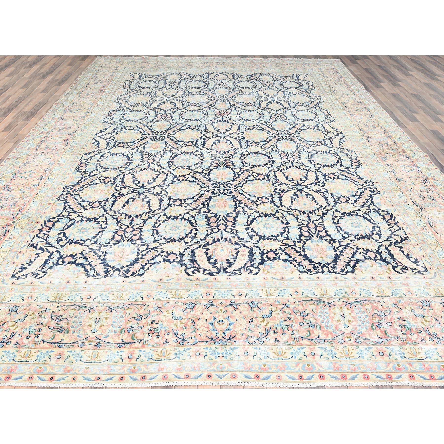 11'7"x15'9" Yale Blue, Vintage Persian Kerman with All Over Flower and Branch Design, Pure Wool, Hand Knotted, Evenly Worn, Cleaned with Sides and Edges Professionally Secured, Oversized Oriental Rug Sh85272