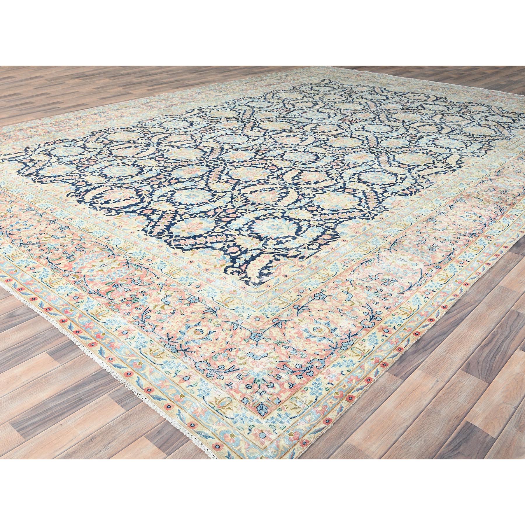 11'7"x15'9" Yale Blue, Vintage Persian Kerman with All Over Flower and Branch Design, Pure Wool, Hand Knotted, Evenly Worn, Cleaned with Sides and Edges Professionally Secured, Oversized Oriental Rug Sh85272