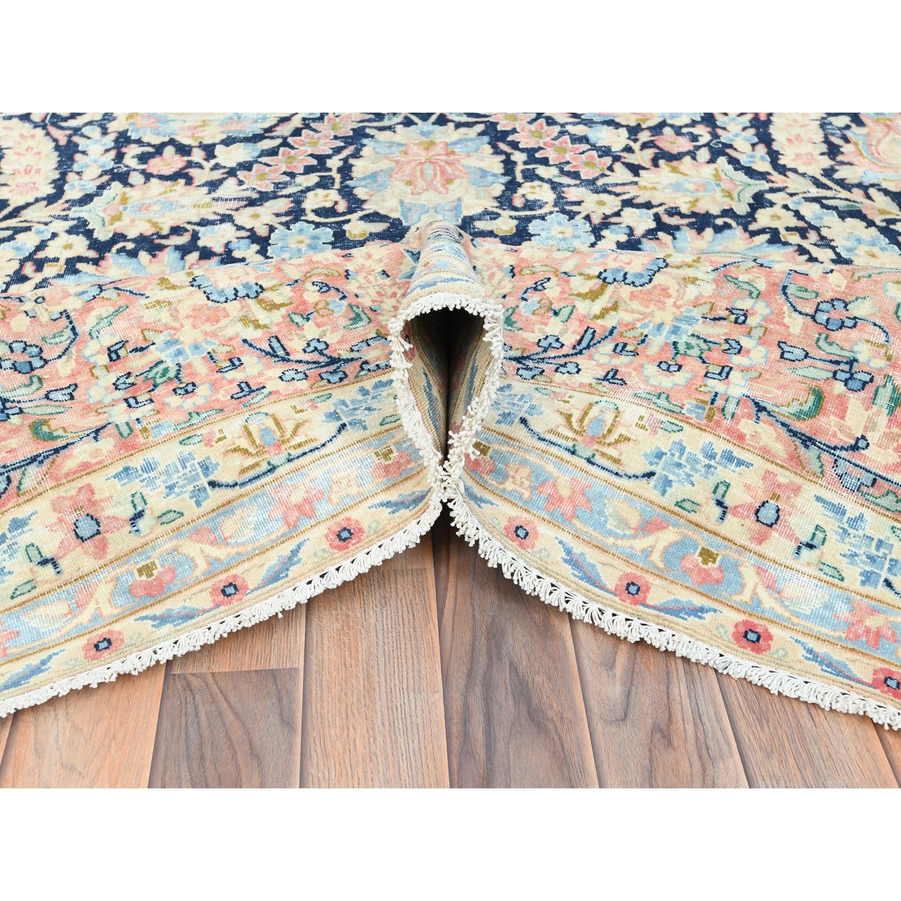 11'7"x15'9" Yale Blue, Vintage Persian Kerman with All Over Flower and Branch Design, Pure Wool, Hand Knotted, Evenly Worn, Cleaned with Sides and Edges Professionally Secured, Oversized Oriental Rug Sh85272