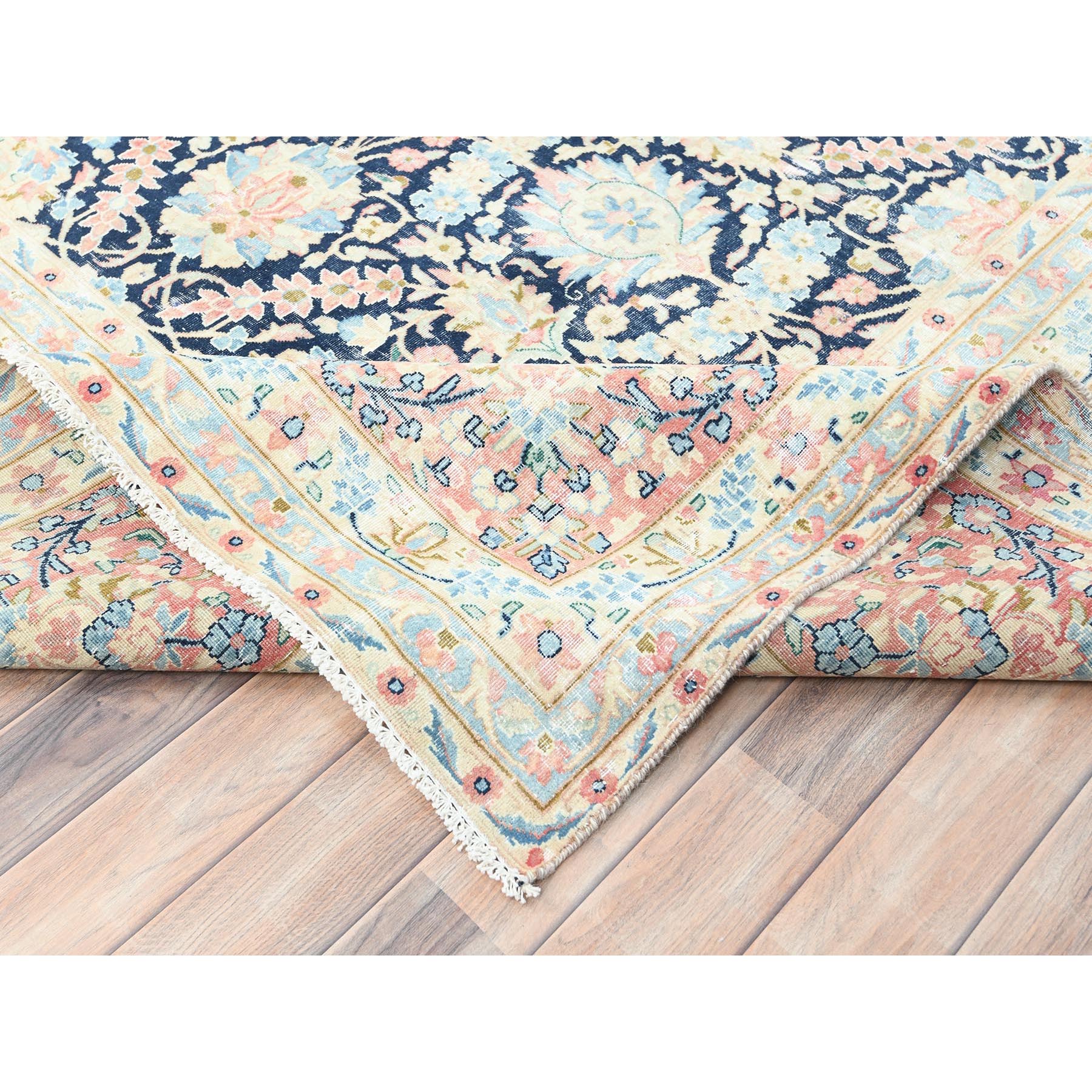 11'7"x15'9" Yale Blue, Vintage Persian Kerman with All Over Flower and Branch Design, Pure Wool, Hand Knotted, Evenly Worn, Cleaned with Sides and Edges Professionally Secured, Oversized Oriental Rug Sh85272