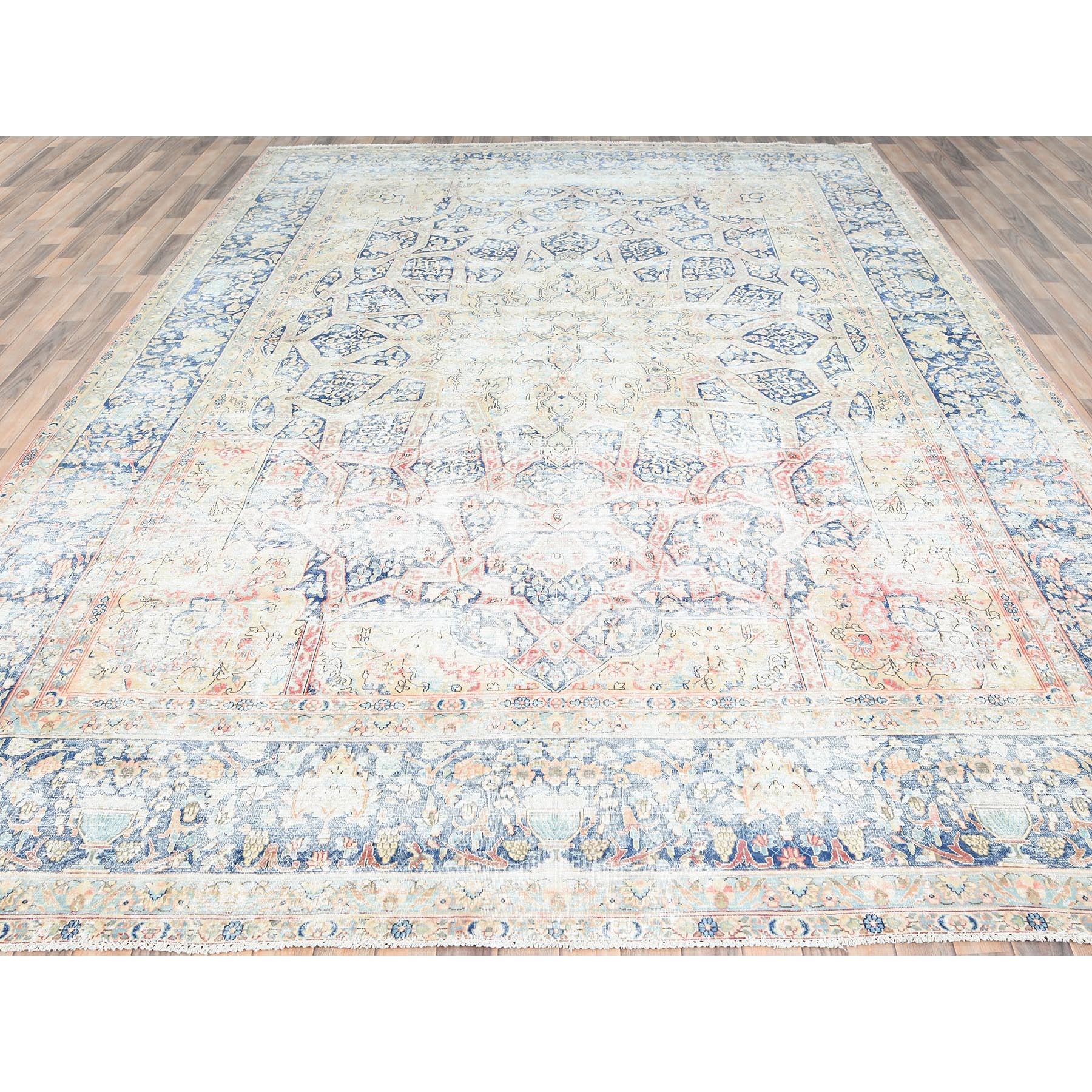 9'9"x13'2" Ivory, Vintage Persian Kerman, Washed Out and Erased Goombad Dome Design, Hand Knotted Soft Wool Evenly Worn, Cleaned with Sides and Edges Professionally Secured, Oriental Rug Sh85273