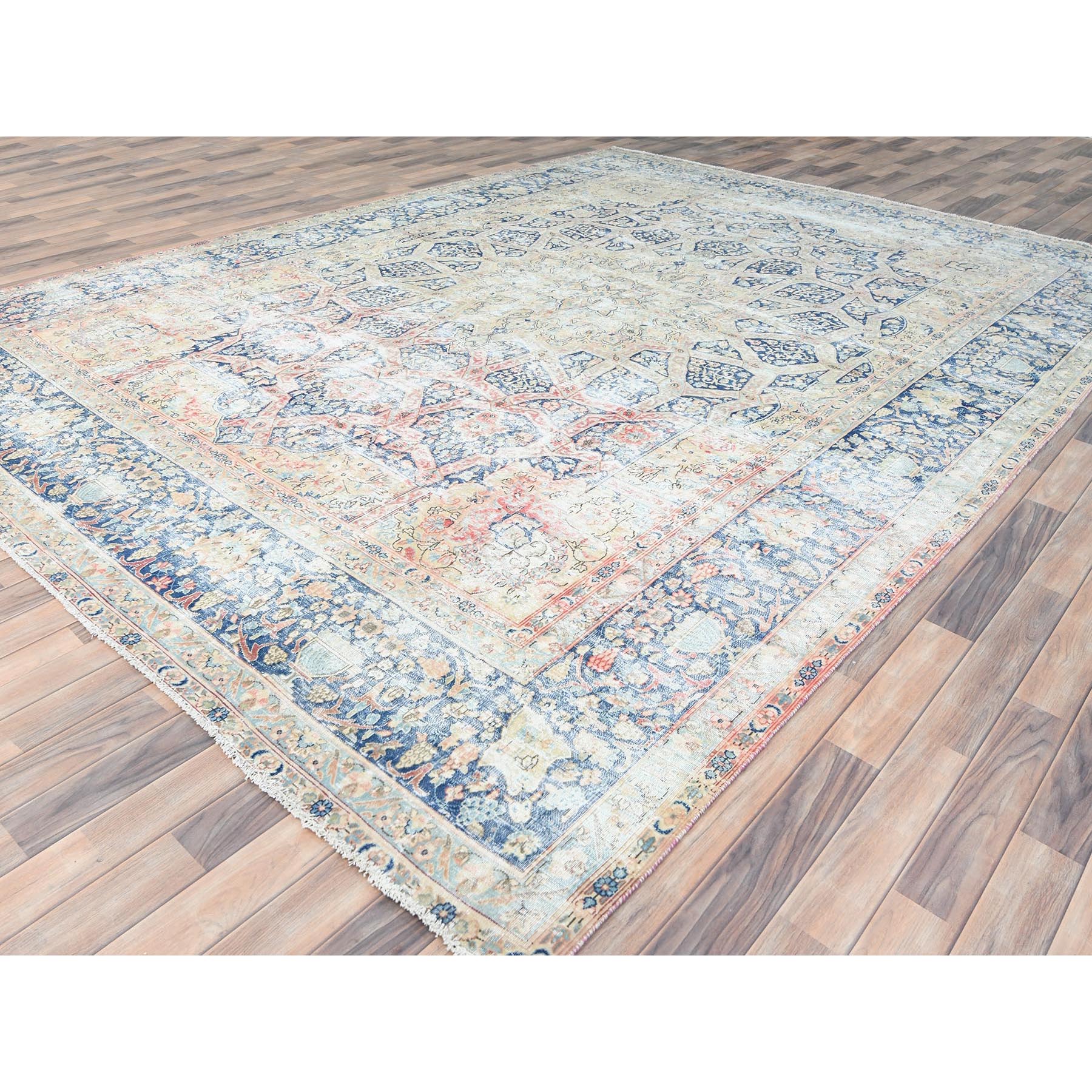 9'9"x13'2" Ivory, Vintage Persian Kerman, Washed Out and Erased Goombad Dome Design, Hand Knotted Soft Wool Evenly Worn, Cleaned with Sides and Edges Professionally Secured, Oriental Rug Sh85273
