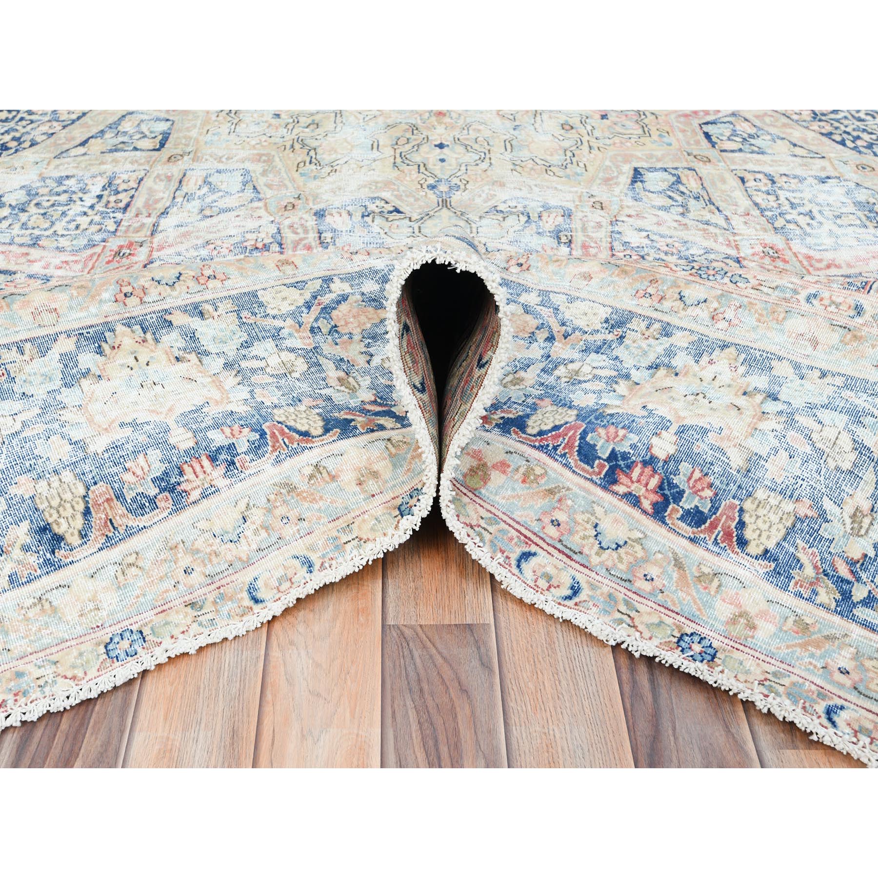 9'9"x13'2" Ivory, Vintage Persian Kerman, Washed Out and Erased Goombad Dome Design, Hand Knotted Soft Wool Evenly Worn, Cleaned with Sides and Edges Professionally Secured, Oriental Rug Sh85273