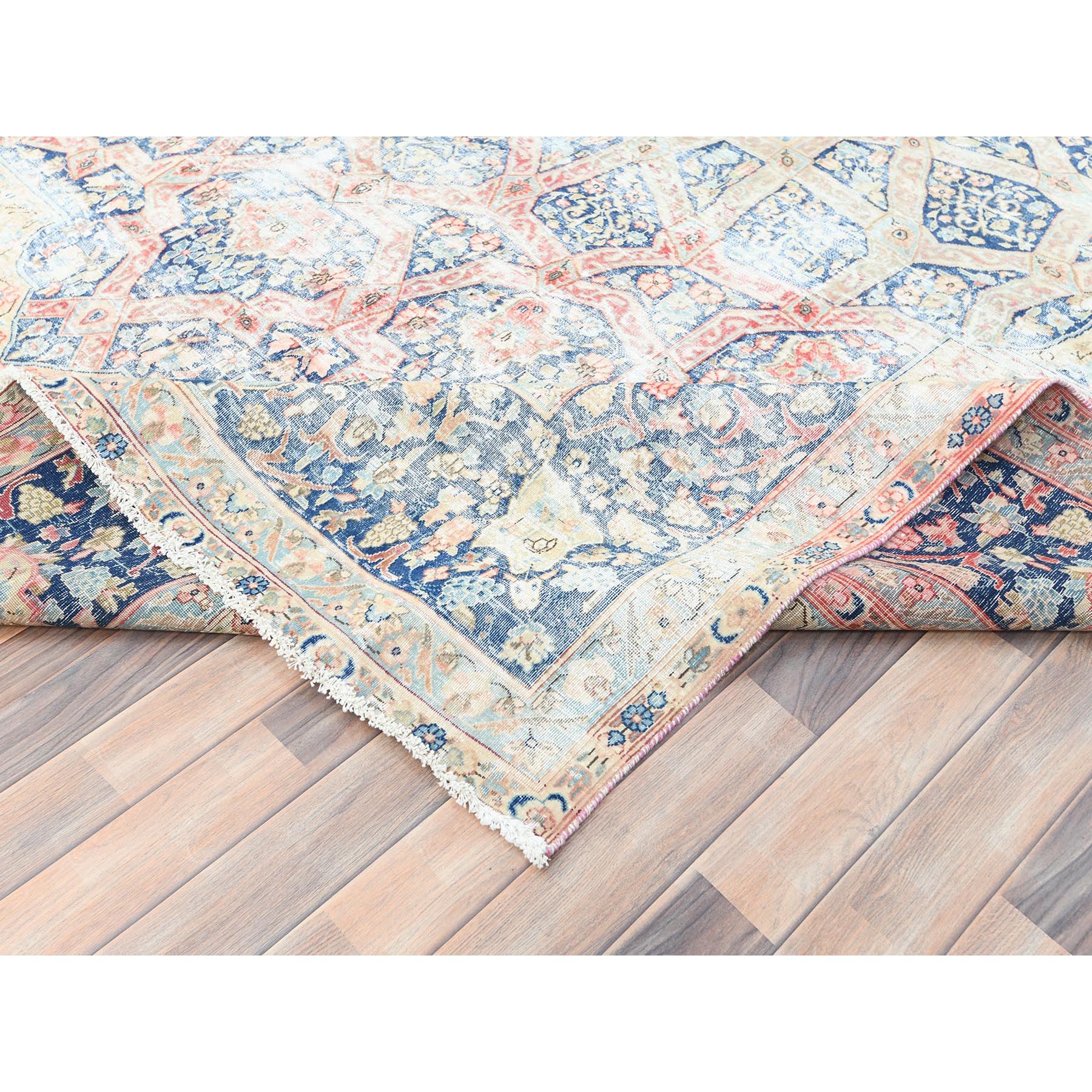 9'9"x13'2" Ivory, Vintage Persian Kerman, Washed Out and Erased Goombad Dome Design, Hand Knotted Soft Wool Evenly Worn, Cleaned with Sides and Edges Professionally Secured, Oriental Rug Sh85273