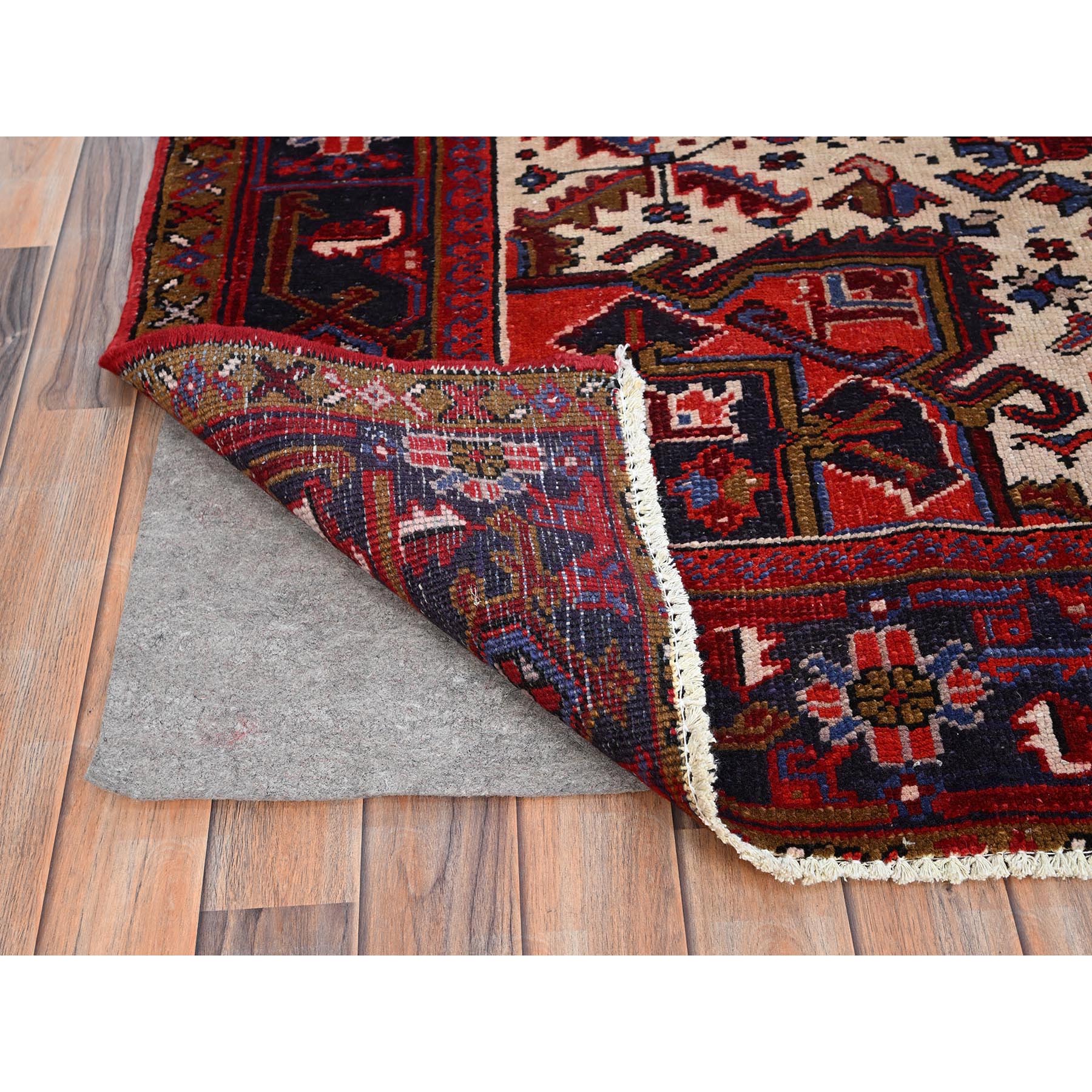 8'6"x10'4" Crimson Red with Ivory Corners, Semi Antique Bohemian Persian Heriz, Hand Knotted, Good Condition, Distressed Feel, Pure Wool, Sides and Ends Professionally Secured, Cleaned, Oriental Rug Sh85311