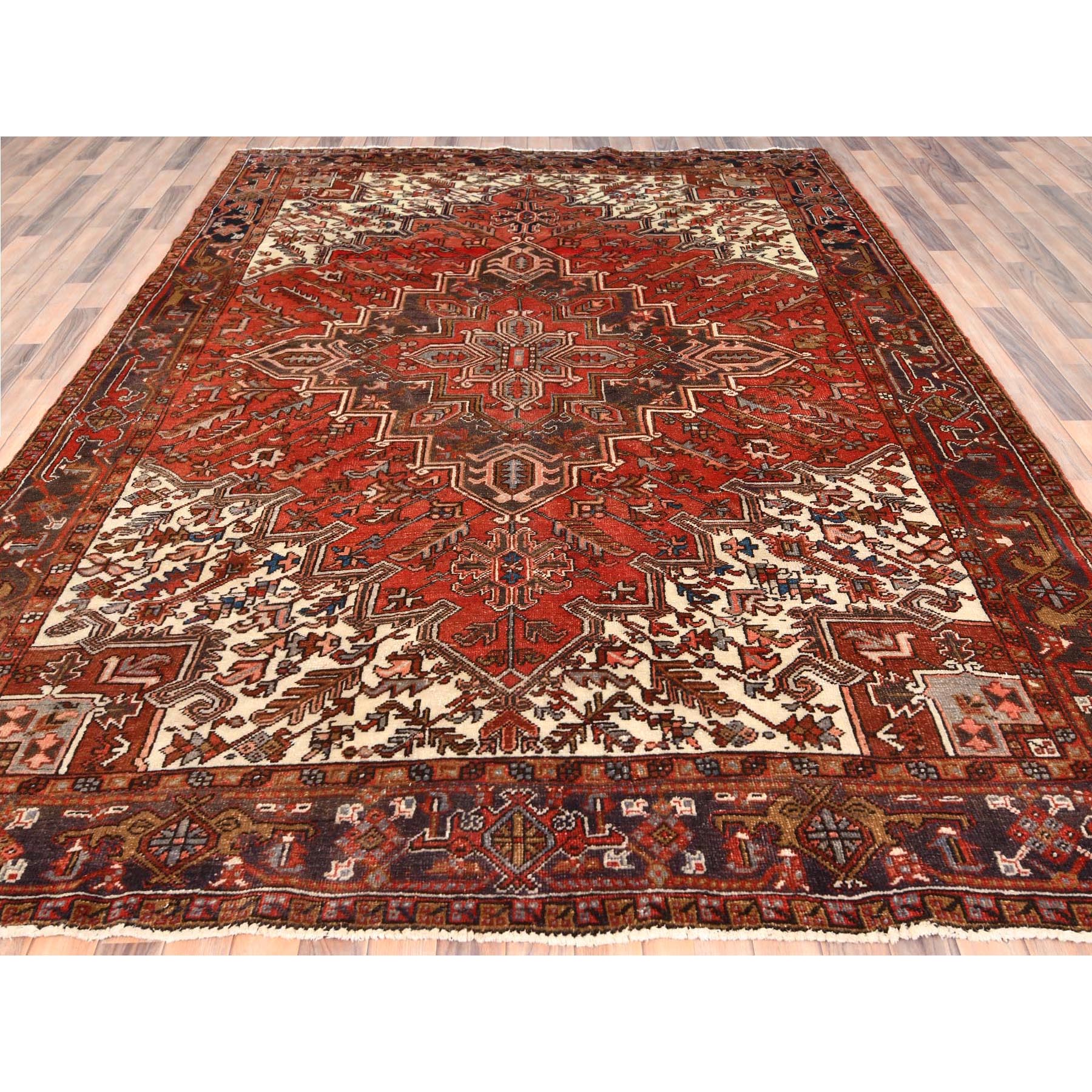 8'x10'9" Tomato Red, Vintage Bohemian Persian Heriz, Large Geometric Medallion, Evenly Worn, Pure Wool, Hand Knotted, Good Condition, Distressed Feel, Sides and Ends Professionally Secured, Cleaned, Oriental Rug Sh85312
