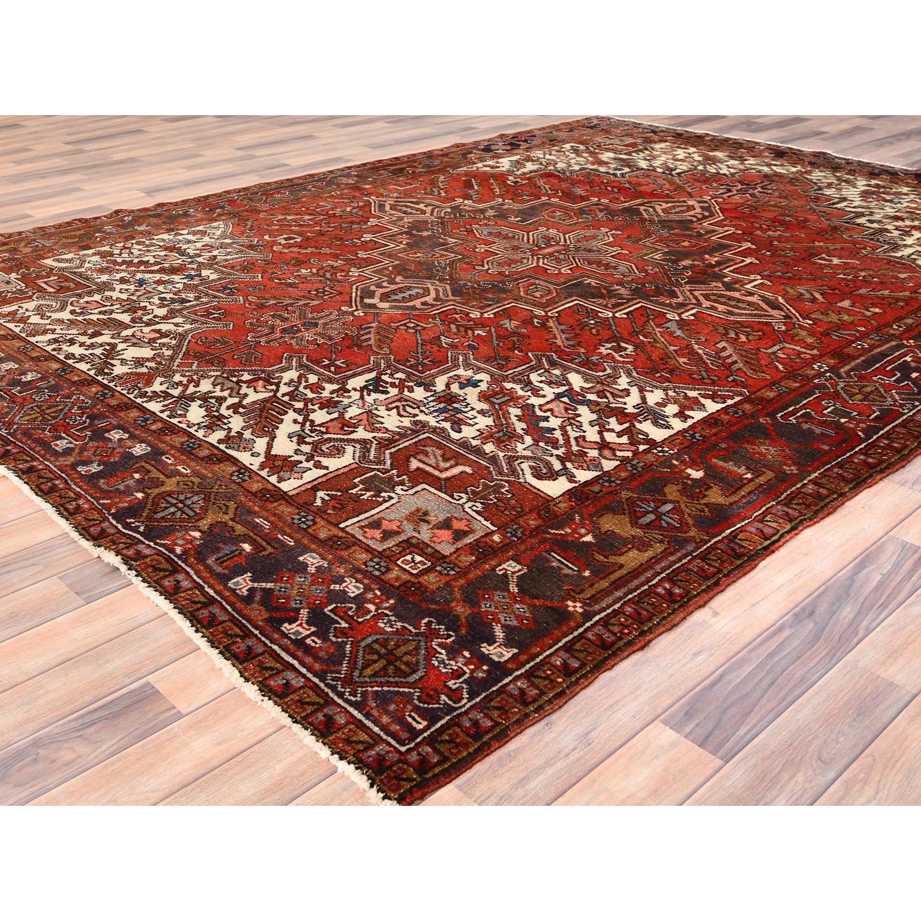 8'x10'9" Tomato Red, Vintage Bohemian Persian Heriz, Large Geometric Medallion, Evenly Worn, Pure Wool, Hand Knotted, Good Condition, Distressed Feel, Sides and Ends Professionally Secured, Cleaned, Oriental Rug Sh85312