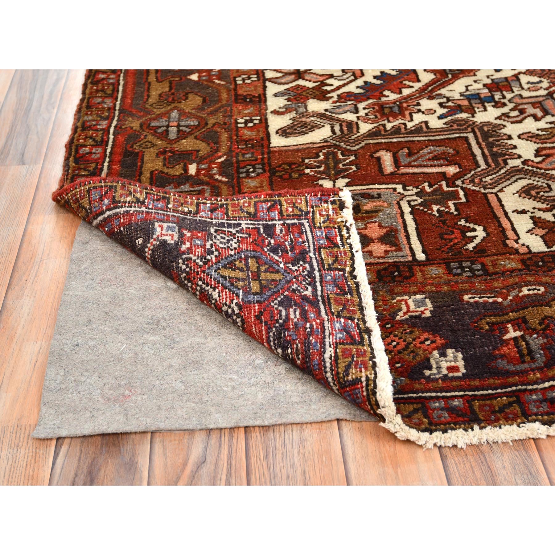 8'x10'9" Tomato Red, Vintage Bohemian Persian Heriz, Large Geometric Medallion, Evenly Worn, Pure Wool, Hand Knotted, Good Condition, Distressed Feel, Sides and Ends Professionally Secured, Cleaned, Oriental Rug Sh85312
