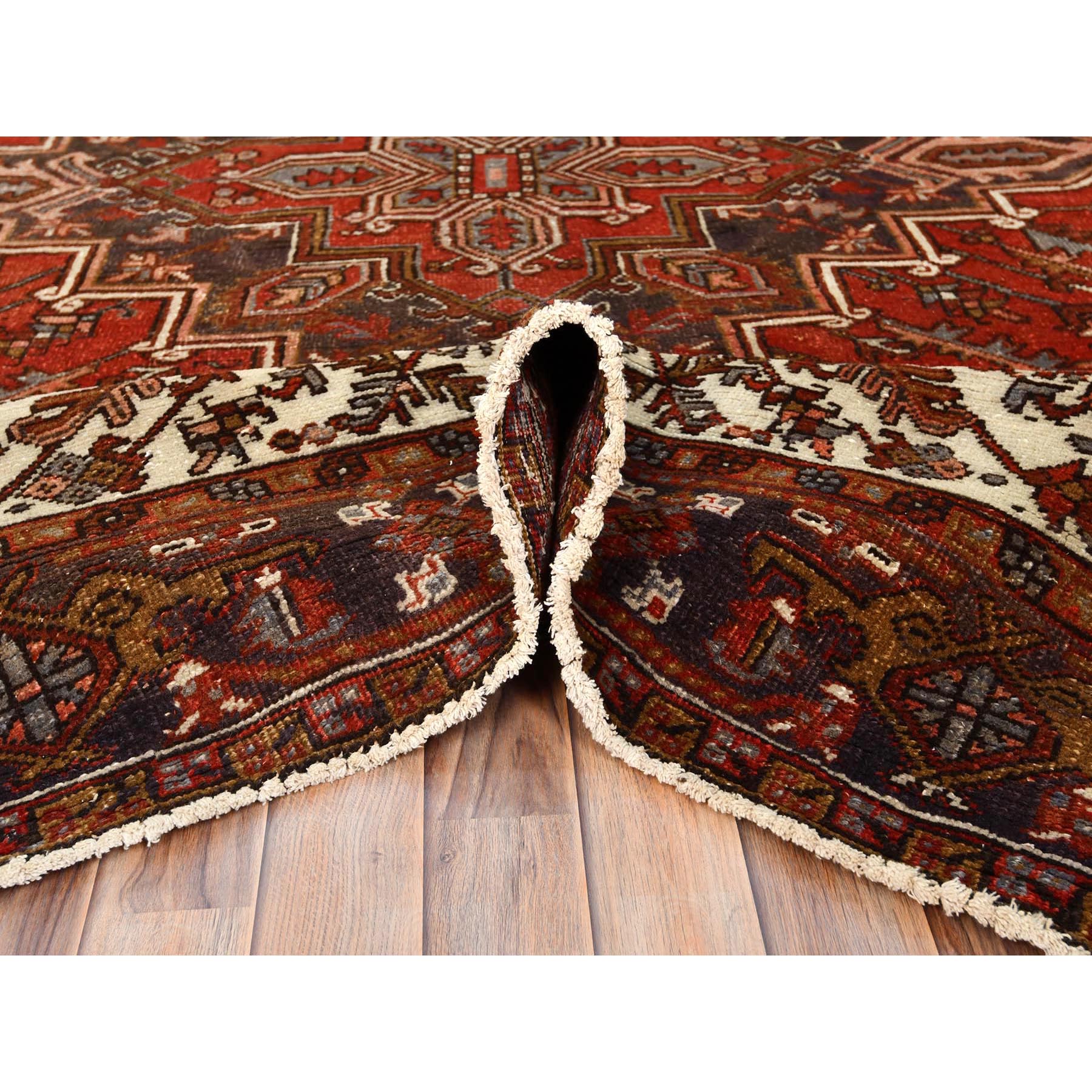8'x10'9" Tomato Red, Vintage Bohemian Persian Heriz, Large Geometric Medallion, Evenly Worn, Pure Wool, Hand Knotted, Good Condition, Distressed Feel, Sides and Ends Professionally Secured, Cleaned, Oriental Rug Sh85312