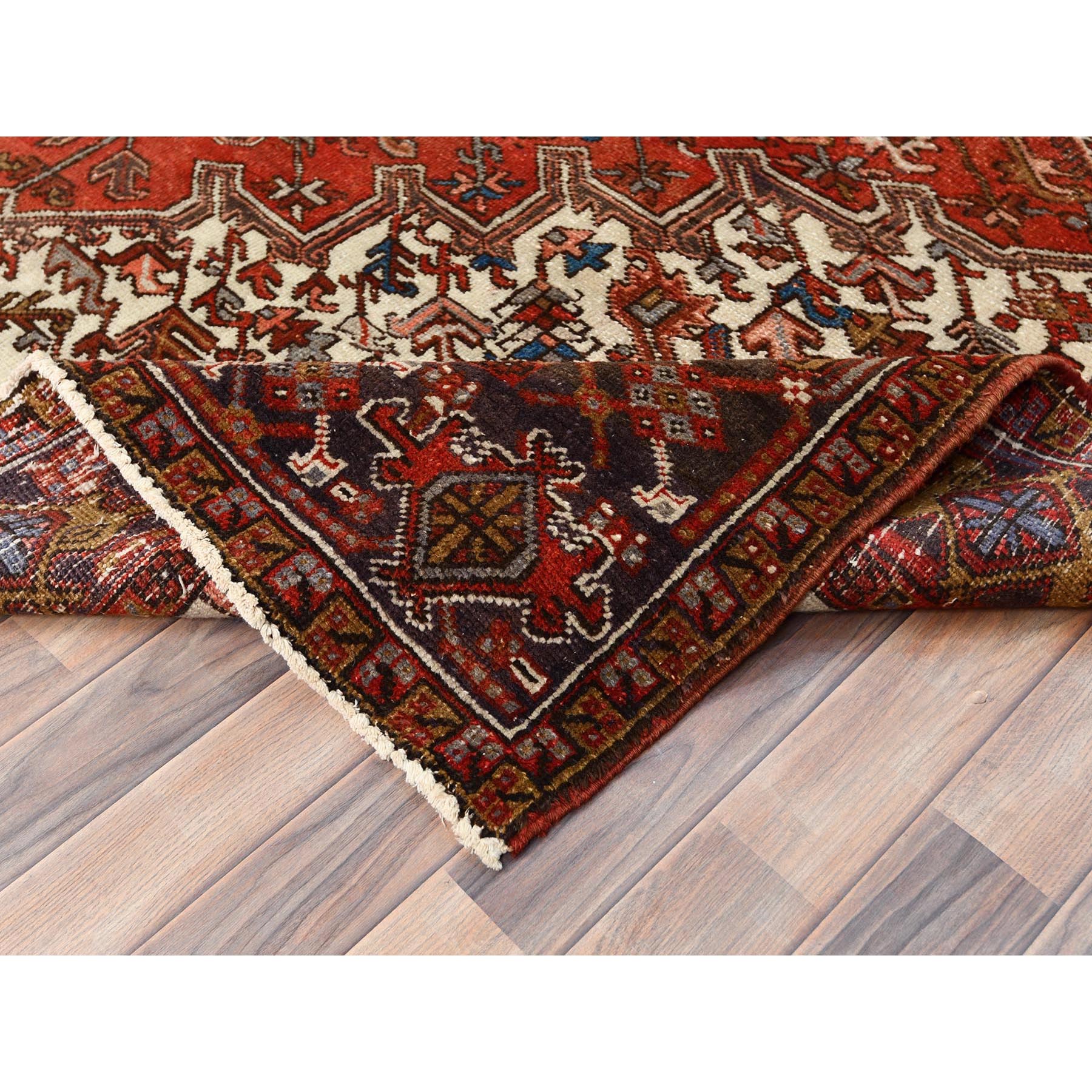 8'x10'9" Tomato Red, Vintage Bohemian Persian Heriz, Large Geometric Medallion, Evenly Worn, Pure Wool, Hand Knotted, Good Condition, Distressed Feel, Sides and Ends Professionally Secured, Cleaned, Oriental Rug Sh85312