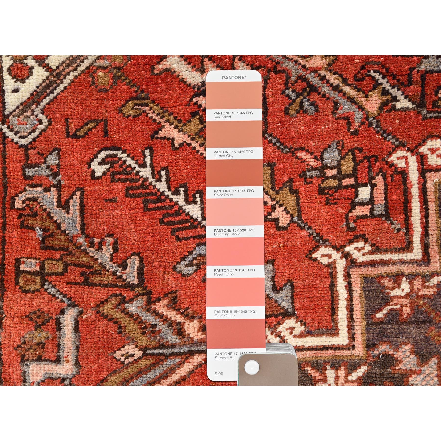 8'x10'9" Tomato Red, Vintage Bohemian Persian Heriz, Large Geometric Medallion, Evenly Worn, Pure Wool, Hand Knotted, Good Condition, Distressed Feel, Sides and Ends Professionally Secured, Cleaned, Oriental Rug Sh85312