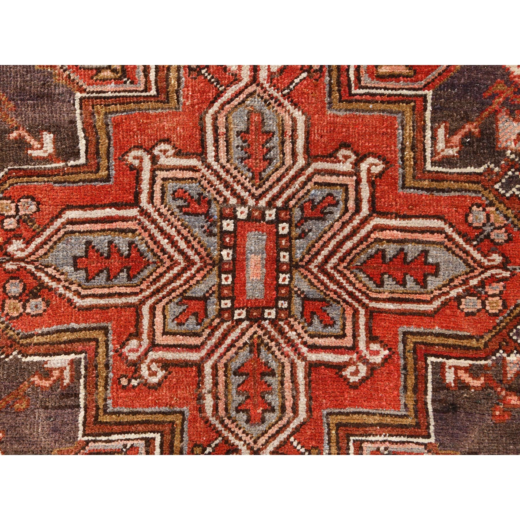 8'x10'9" Tomato Red, Vintage Bohemian Persian Heriz, Large Geometric Medallion, Evenly Worn, Pure Wool, Hand Knotted, Good Condition, Distressed Feel, Sides and Ends Professionally Secured, Cleaned, Oriental Rug Sh85312