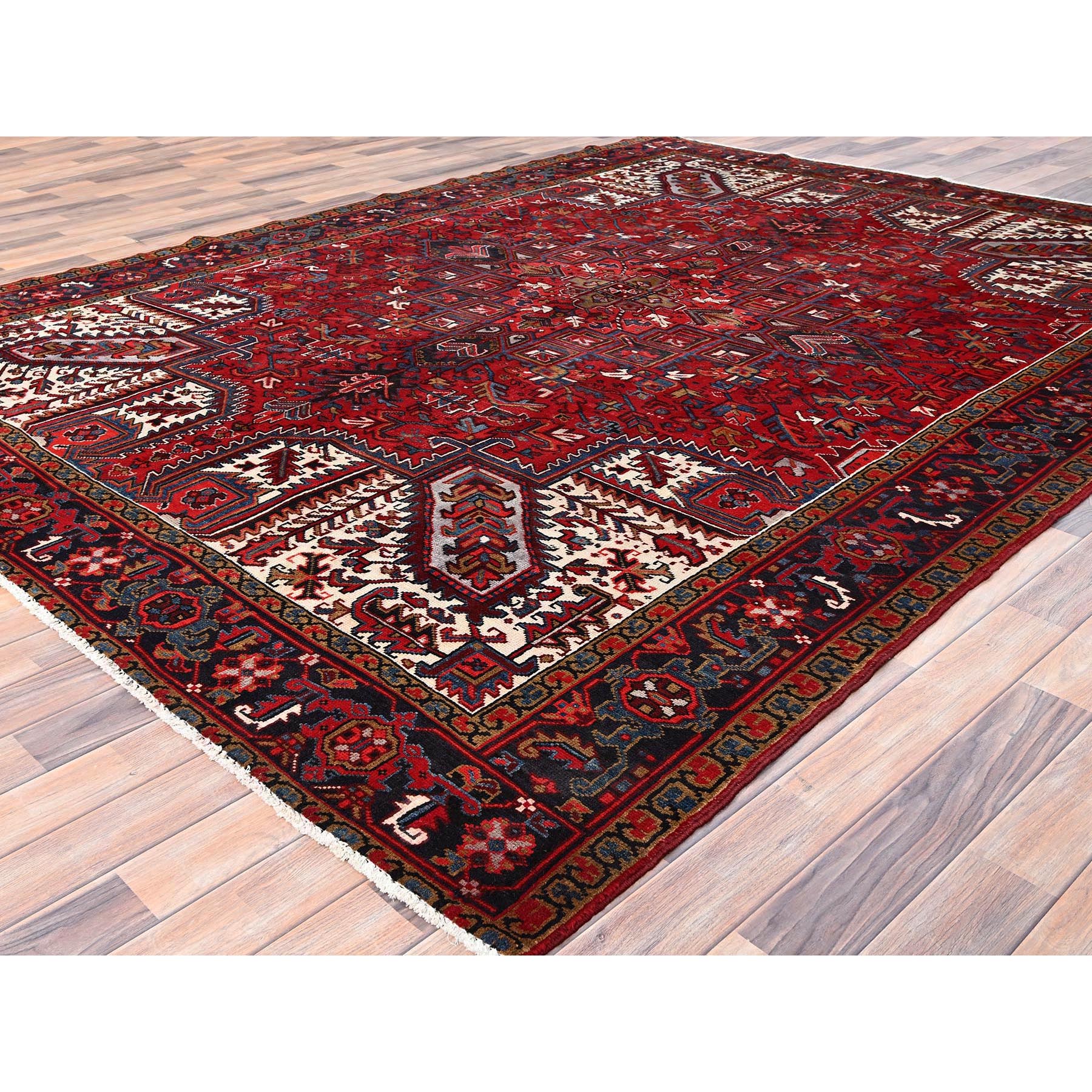8'x10'8" Crimson Red with Ivory Corners, Semi Antique Bohemian Persian Heriz, Rustic Feel, Pure Wool, Hand Knotted, Good Condition, Sides and Ends Professionally Secured, Cleaned, Oriental Rug Sh85313