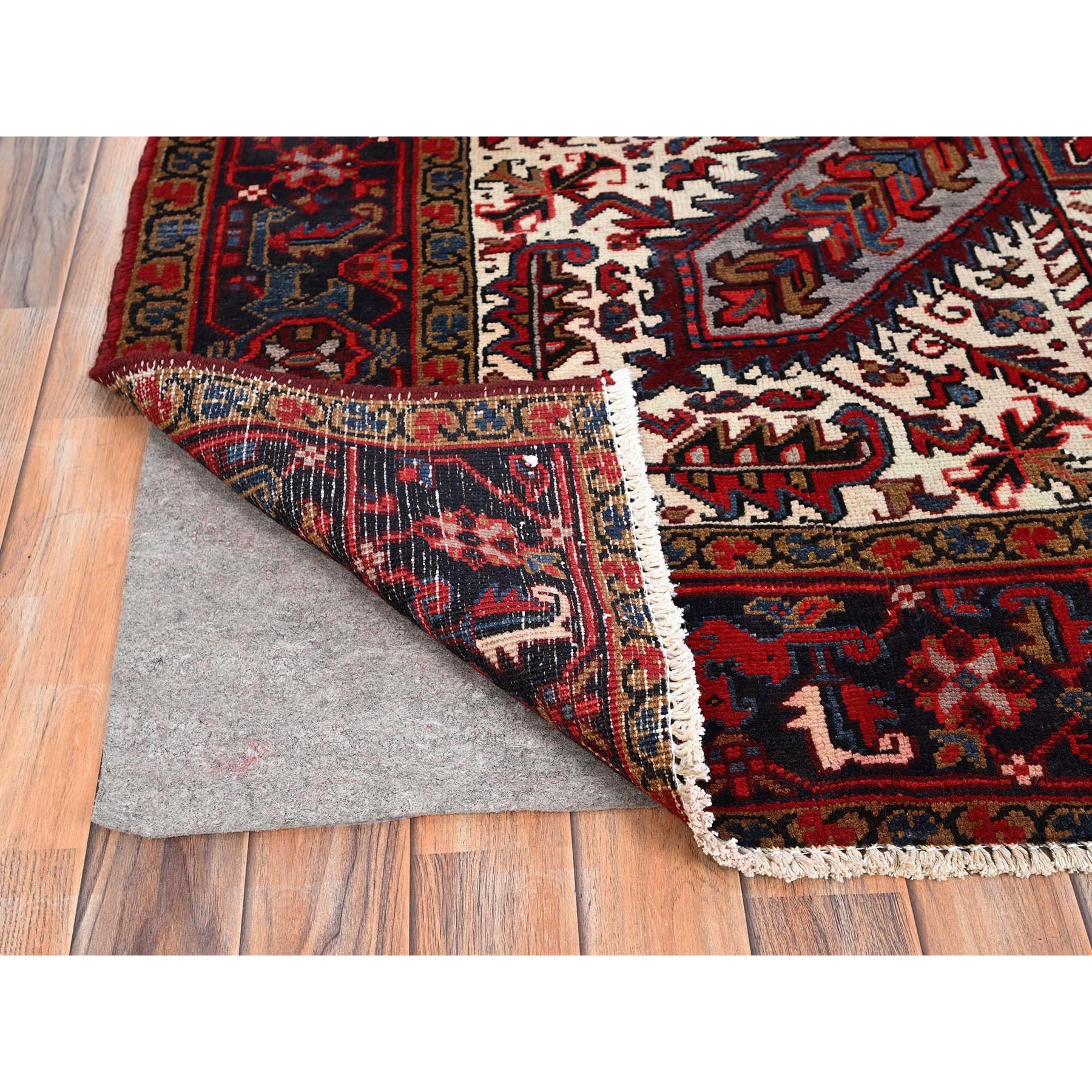 8'x10'8" Crimson Red with Ivory Corners, Semi Antique Bohemian Persian Heriz, Rustic Feel, Pure Wool, Hand Knotted, Good Condition, Sides and Ends Professionally Secured, Cleaned, Oriental Rug Sh85313