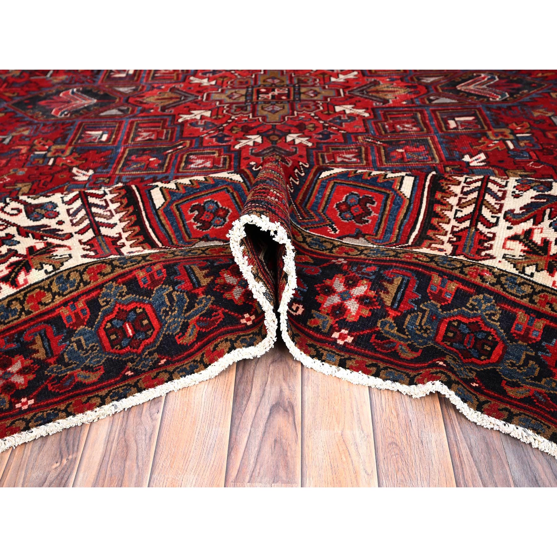 8'x10'8" Crimson Red with Ivory Corners, Semi Antique Bohemian Persian Heriz, Rustic Feel, Pure Wool, Hand Knotted, Good Condition, Sides and Ends Professionally Secured, Cleaned, Oriental Rug Sh85313