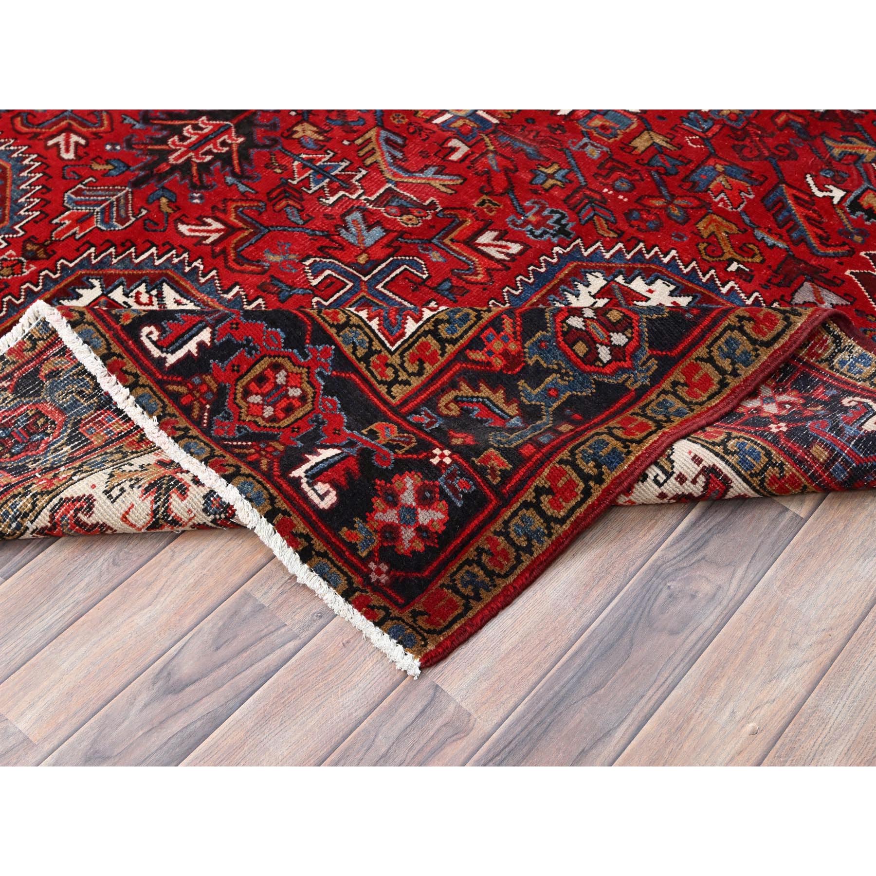 8'x10'8" Crimson Red with Ivory Corners, Semi Antique Bohemian Persian Heriz, Rustic Feel, Pure Wool, Hand Knotted, Good Condition, Sides and Ends Professionally Secured, Cleaned, Oriental Rug Sh85313