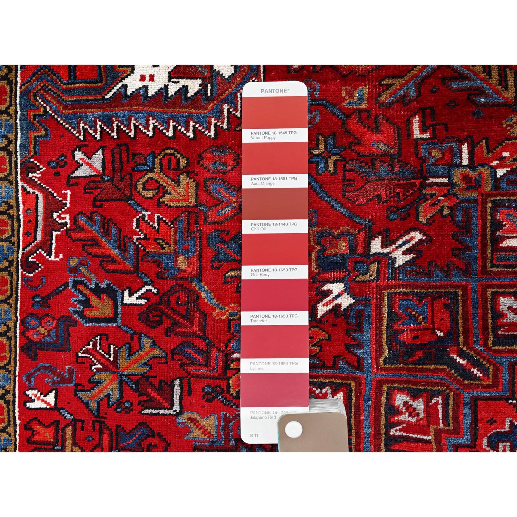 8'x10'8" Crimson Red with Ivory Corners, Semi Antique Bohemian Persian Heriz, Rustic Feel, Pure Wool, Hand Knotted, Good Condition, Sides and Ends Professionally Secured, Cleaned, Oriental Rug Sh85313