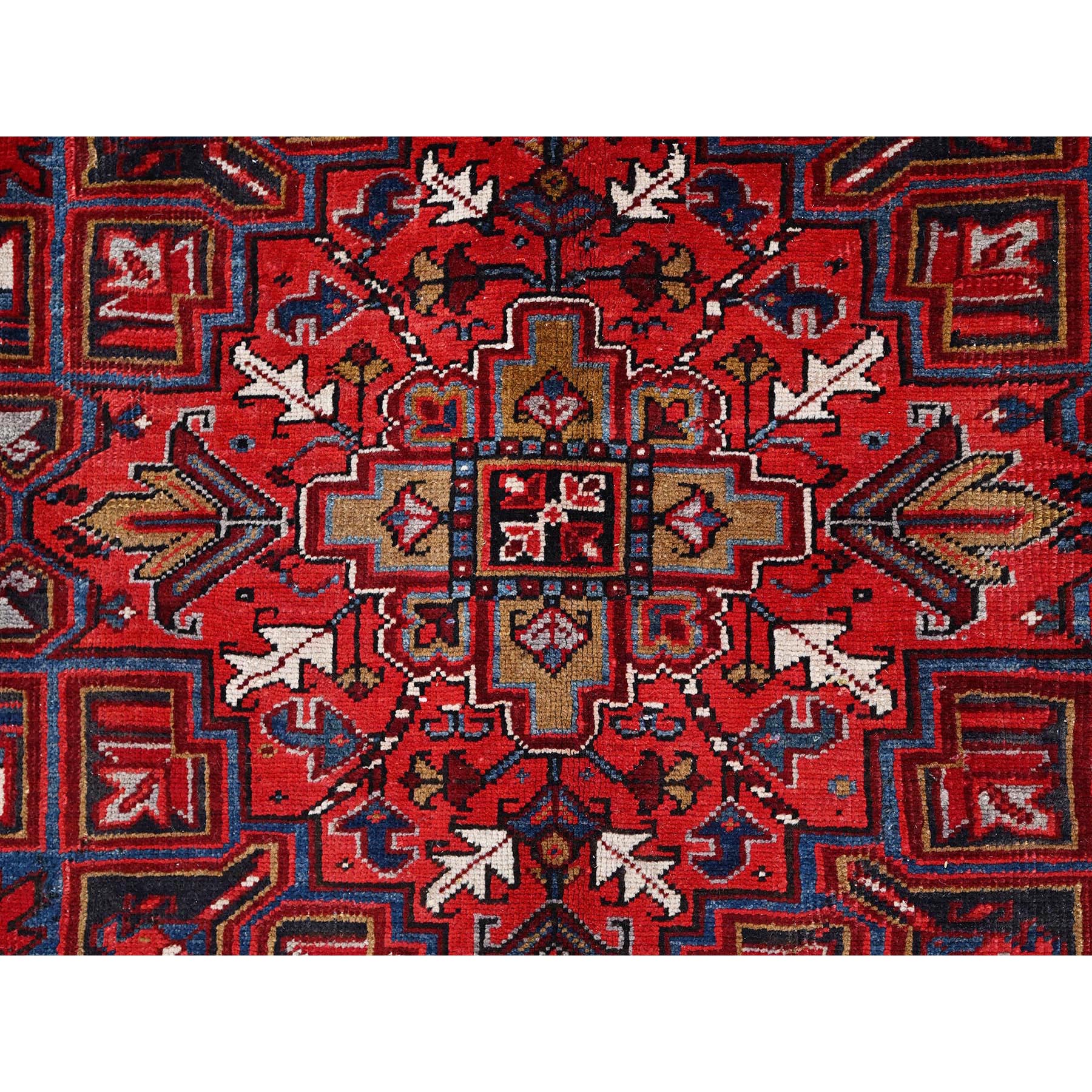 8'x10'8" Crimson Red with Ivory Corners, Semi Antique Bohemian Persian Heriz, Rustic Feel, Pure Wool, Hand Knotted, Good Condition, Sides and Ends Professionally Secured, Cleaned, Oriental Rug Sh85313