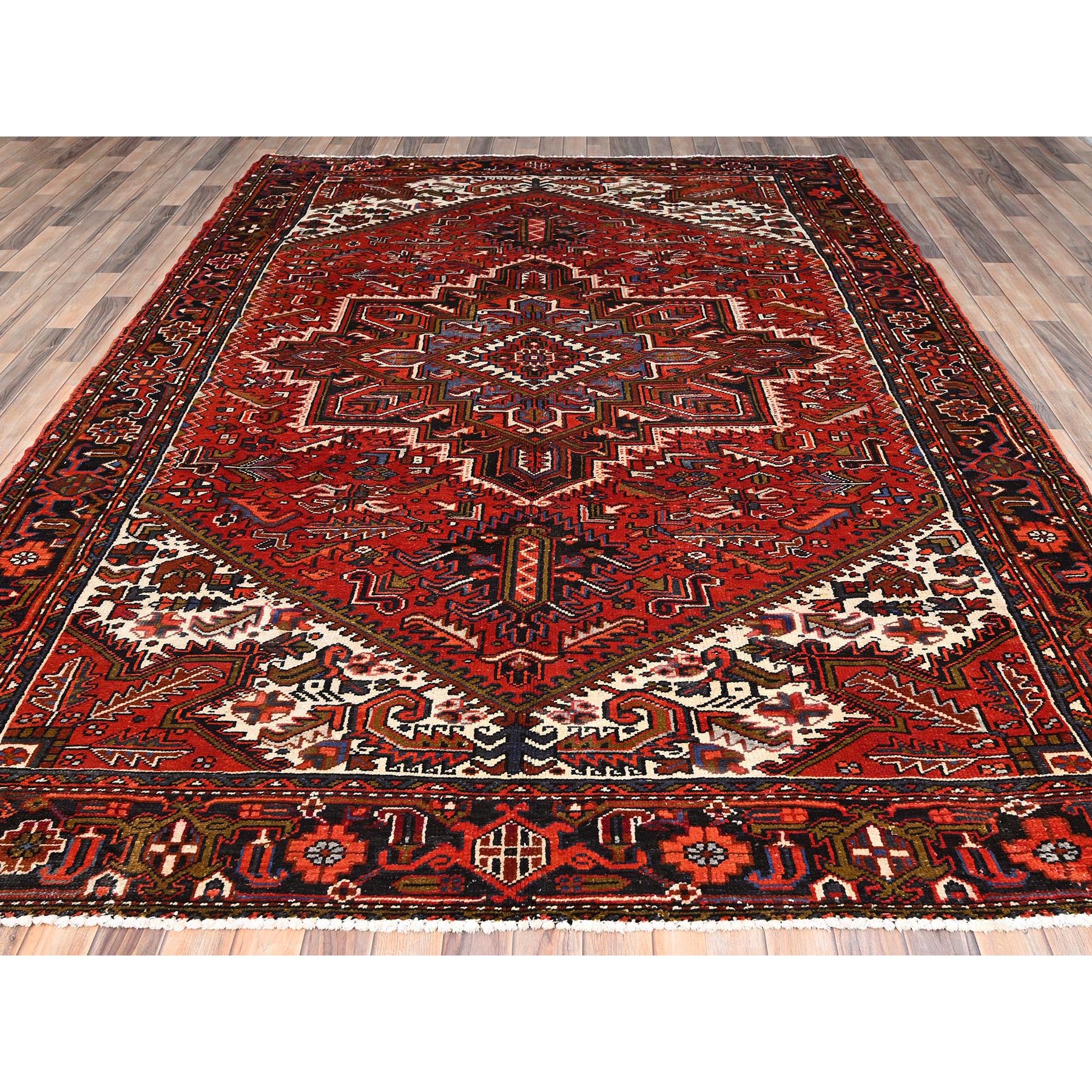 7'10"x11' Crimson Red, Hand Knotted, Vintage Bohemian Persian Heriz, Large Geometric Medallion, Good Condition, Rustic Look, Pure Wool, Sides and Ends Professionally Secured, Cleaned, Oriental Rug Sh85315