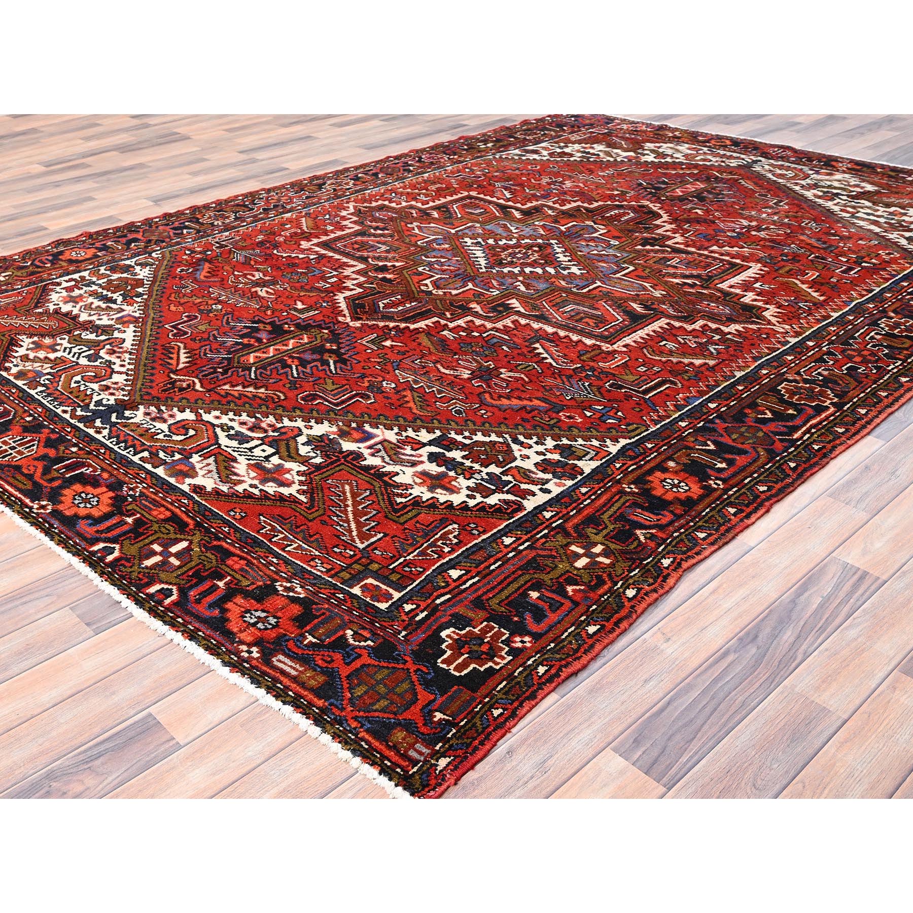7'10"x11' Crimson Red, Hand Knotted, Vintage Bohemian Persian Heriz, Large Geometric Medallion, Good Condition, Rustic Look, Pure Wool, Sides and Ends Professionally Secured, Cleaned, Oriental Rug Sh85315