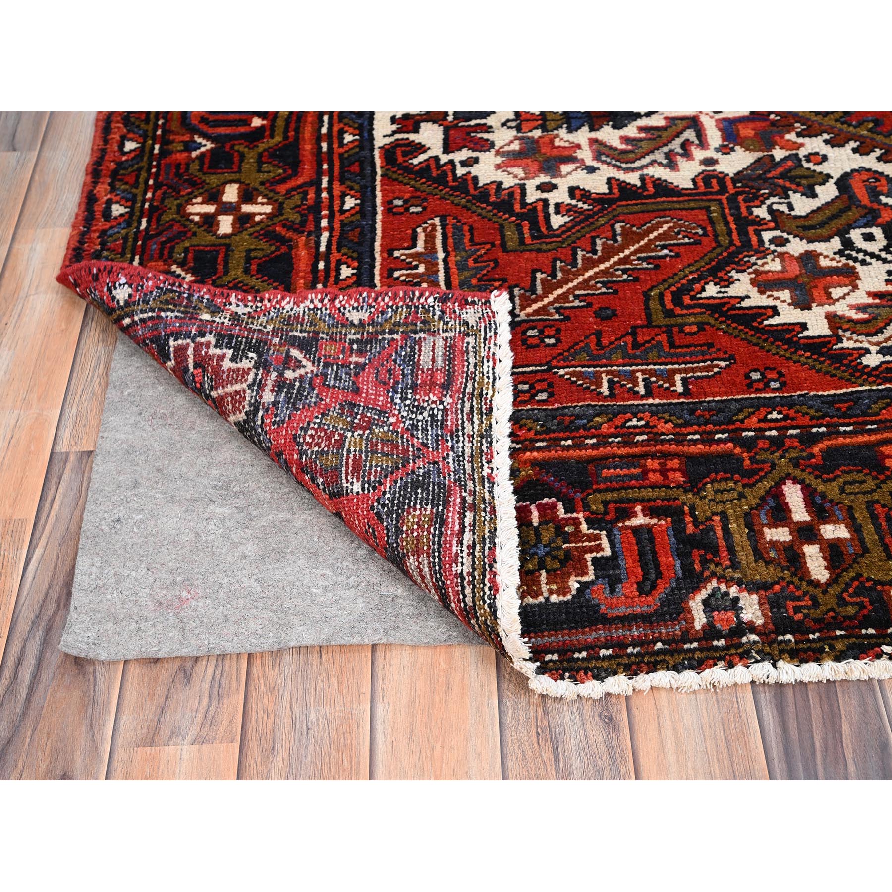 7'10"x11' Crimson Red, Hand Knotted, Vintage Bohemian Persian Heriz, Large Geometric Medallion, Good Condition, Rustic Look, Pure Wool, Sides and Ends Professionally Secured, Cleaned, Oriental Rug Sh85315