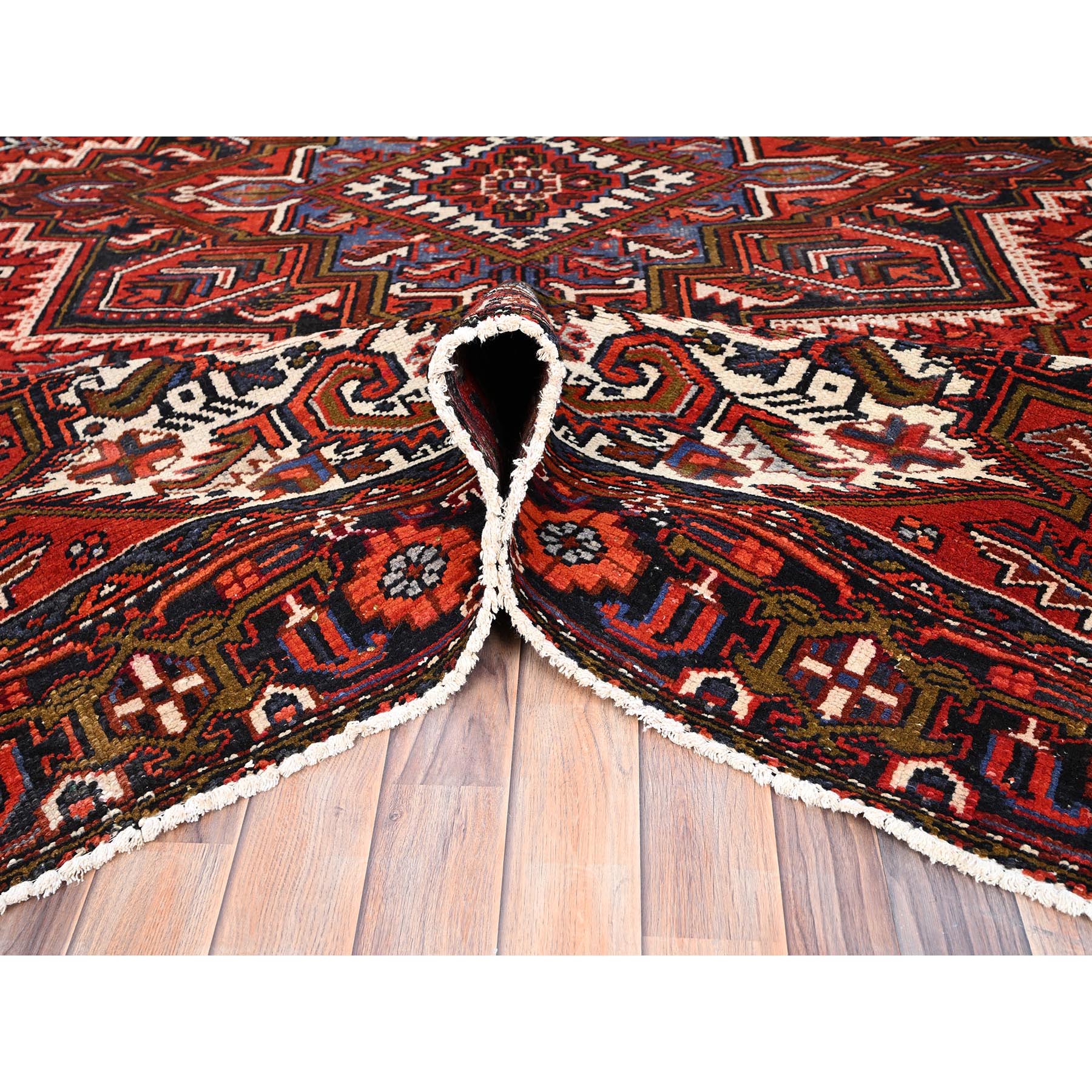 7'10"x11' Crimson Red, Hand Knotted, Vintage Bohemian Persian Heriz, Large Geometric Medallion, Good Condition, Rustic Look, Pure Wool, Sides and Ends Professionally Secured, Cleaned, Oriental Rug Sh85315