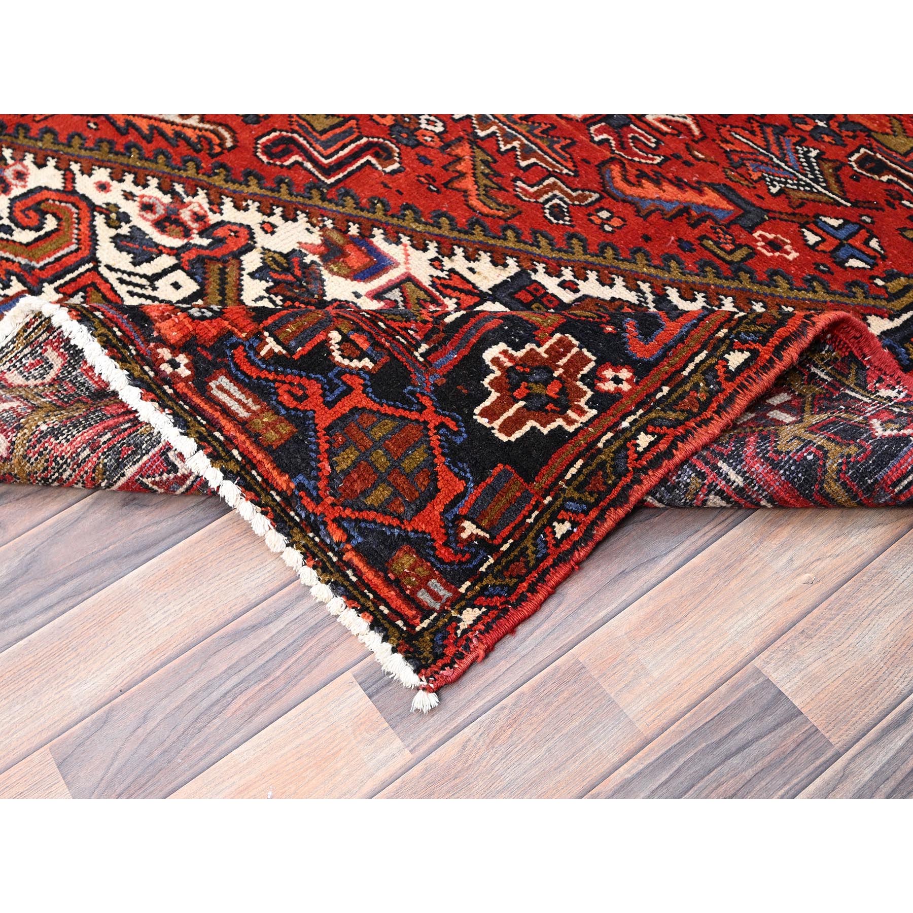 7'10"x11' Crimson Red, Hand Knotted, Vintage Bohemian Persian Heriz, Large Geometric Medallion, Good Condition, Rustic Look, Pure Wool, Sides and Ends Professionally Secured, Cleaned, Oriental Rug Sh85315