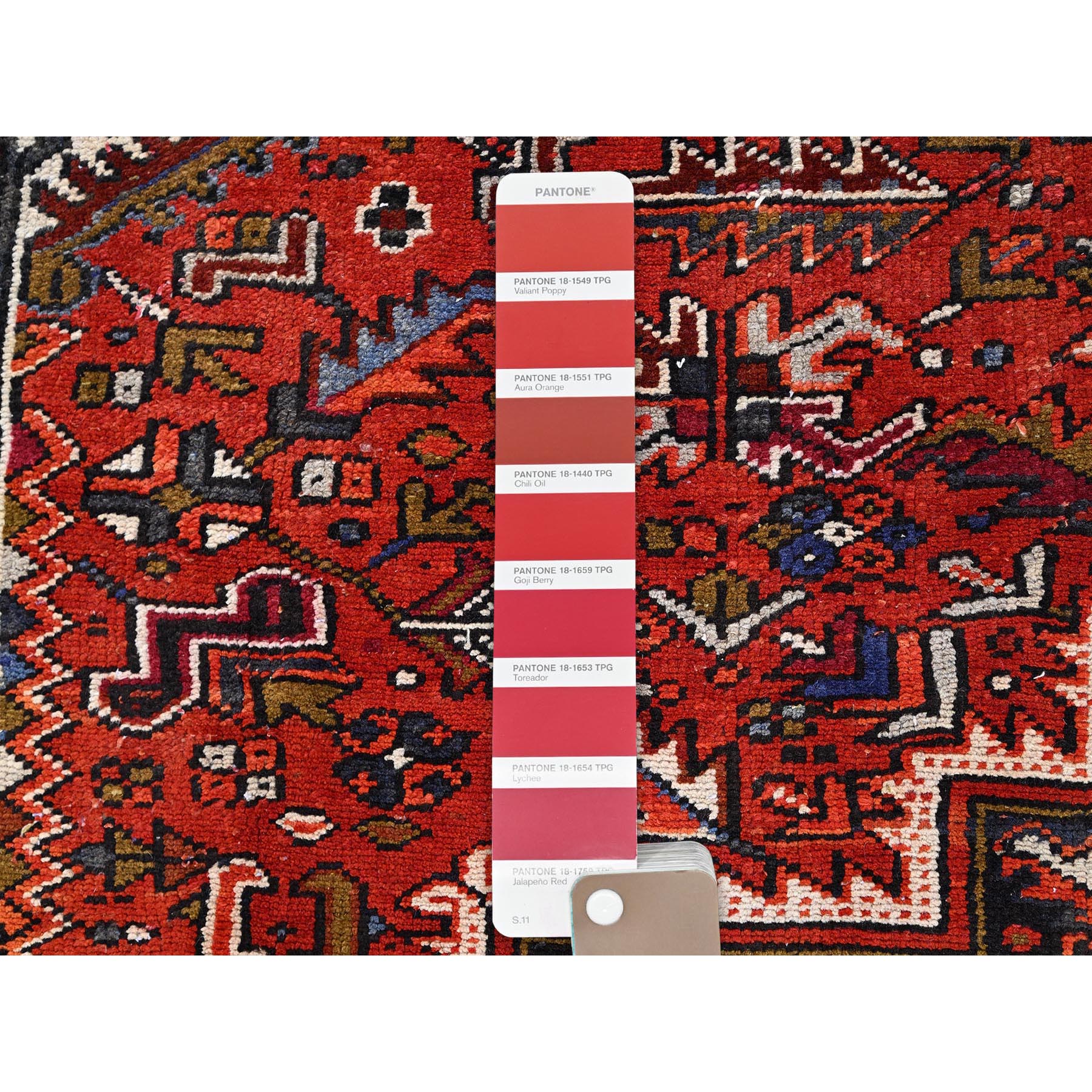 7'10"x11' Crimson Red, Hand Knotted, Vintage Bohemian Persian Heriz, Large Geometric Medallion, Good Condition, Rustic Look, Pure Wool, Sides and Ends Professionally Secured, Cleaned, Oriental Rug Sh85315