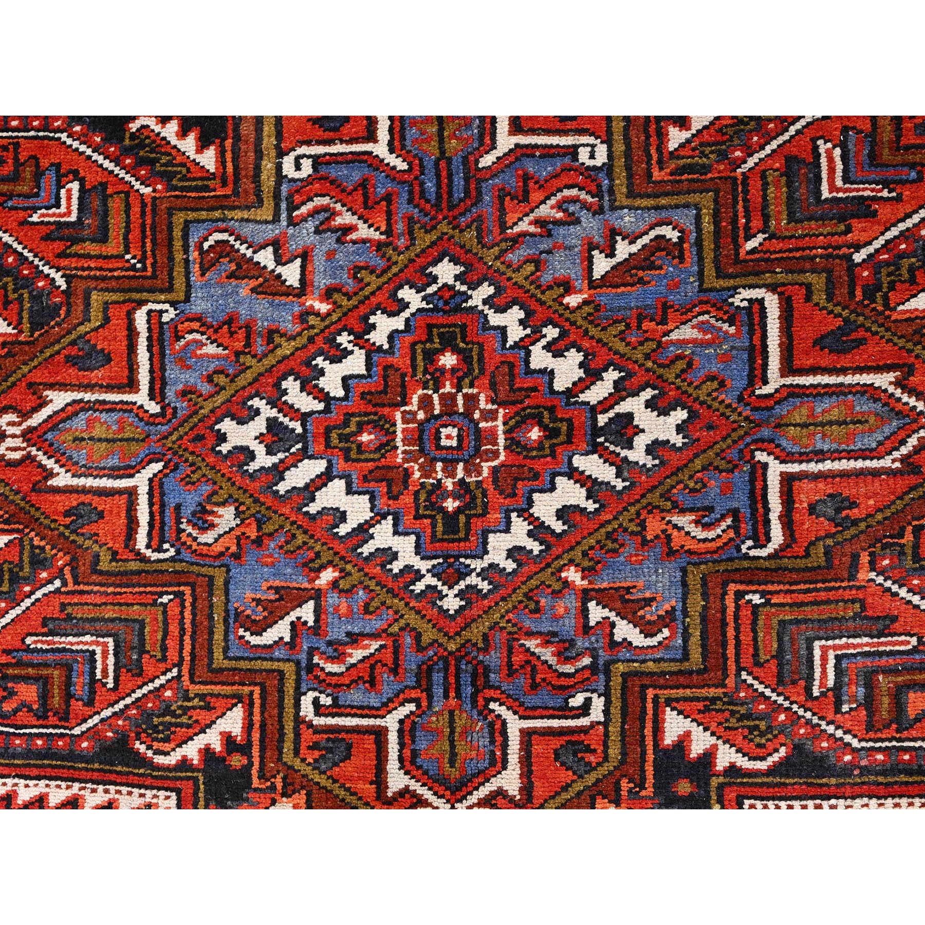 7'10"x11' Crimson Red, Hand Knotted, Vintage Bohemian Persian Heriz, Large Geometric Medallion, Good Condition, Rustic Look, Pure Wool, Sides and Ends Professionally Secured, Cleaned, Oriental Rug Sh85315