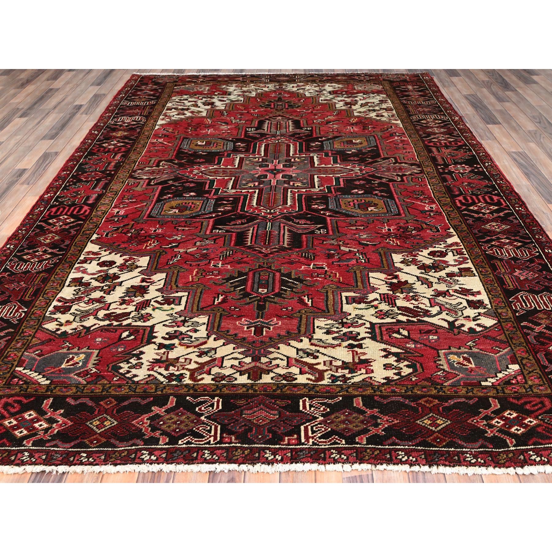 7'10"x11'5" Imperial Red, Pure Wool, Hand Knotted, Semi Antique Bohemian Persian Heriz, Good Condition, Rustic Feel, Sides and Ends Professionally Secured, Cleaned, Oriental Rug Sh85317