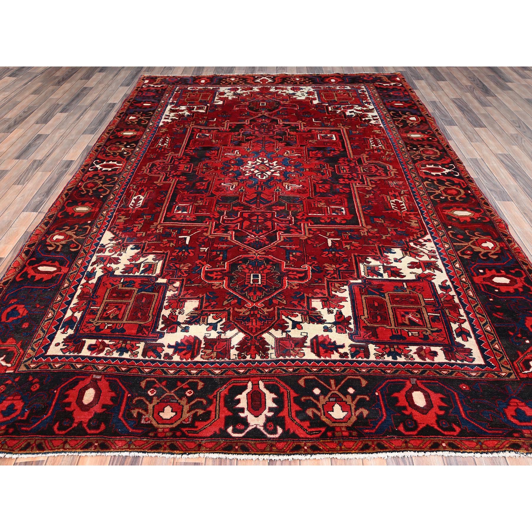 7'10"x11'9" Fire Brick Red, Hand Knotted, Semi Antique Bohemian Persian Heriz, Good Condition, Distressed Feel, Evenly Worn, Pure Wool, Sides and Ends Professionally Secured, Cleaned, Oriental Rug Sh85328