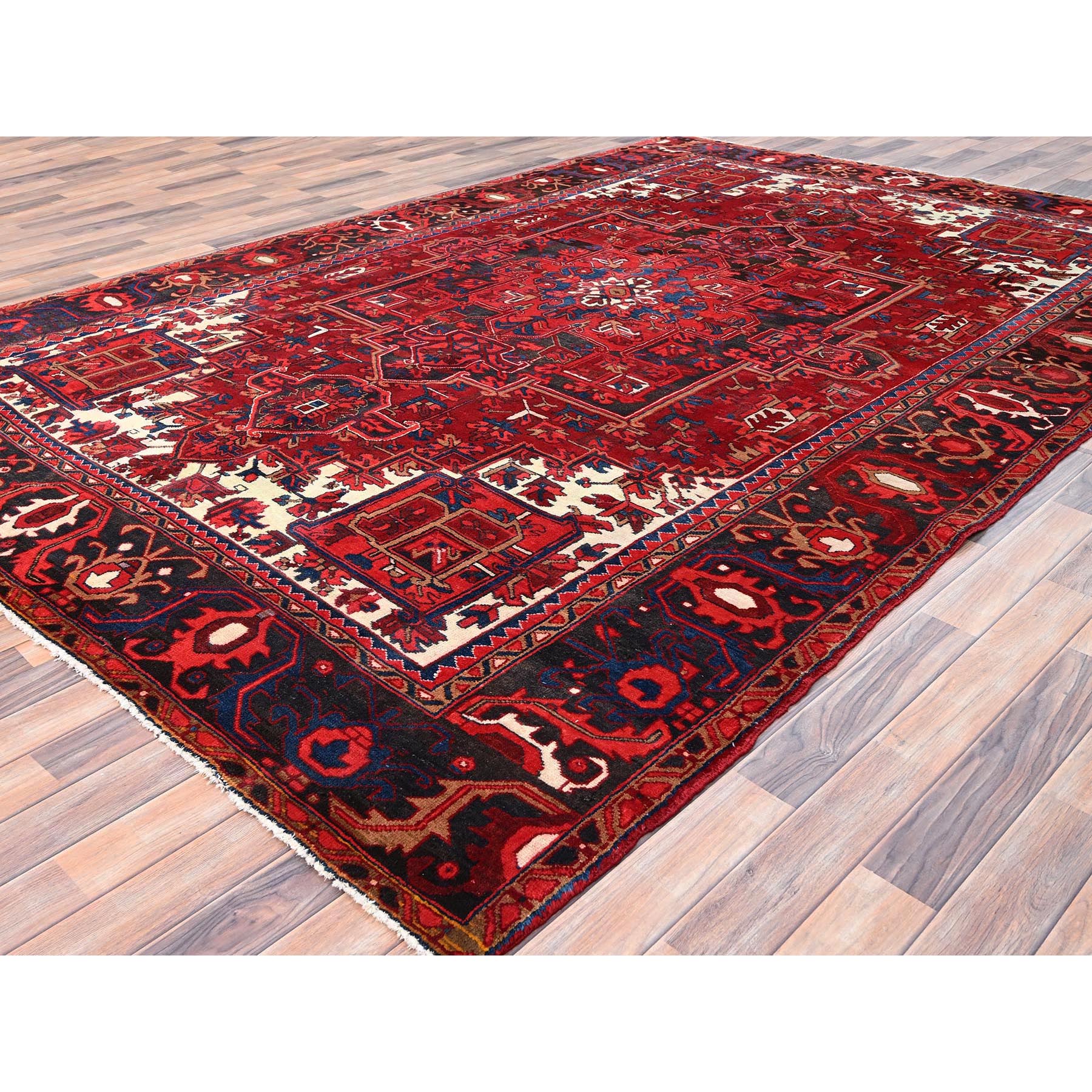 7'10"x11'9" Fire Brick Red, Hand Knotted, Semi Antique Bohemian Persian Heriz, Good Condition, Distressed Feel, Evenly Worn, Pure Wool, Sides and Ends Professionally Secured, Cleaned, Oriental Rug Sh85328
