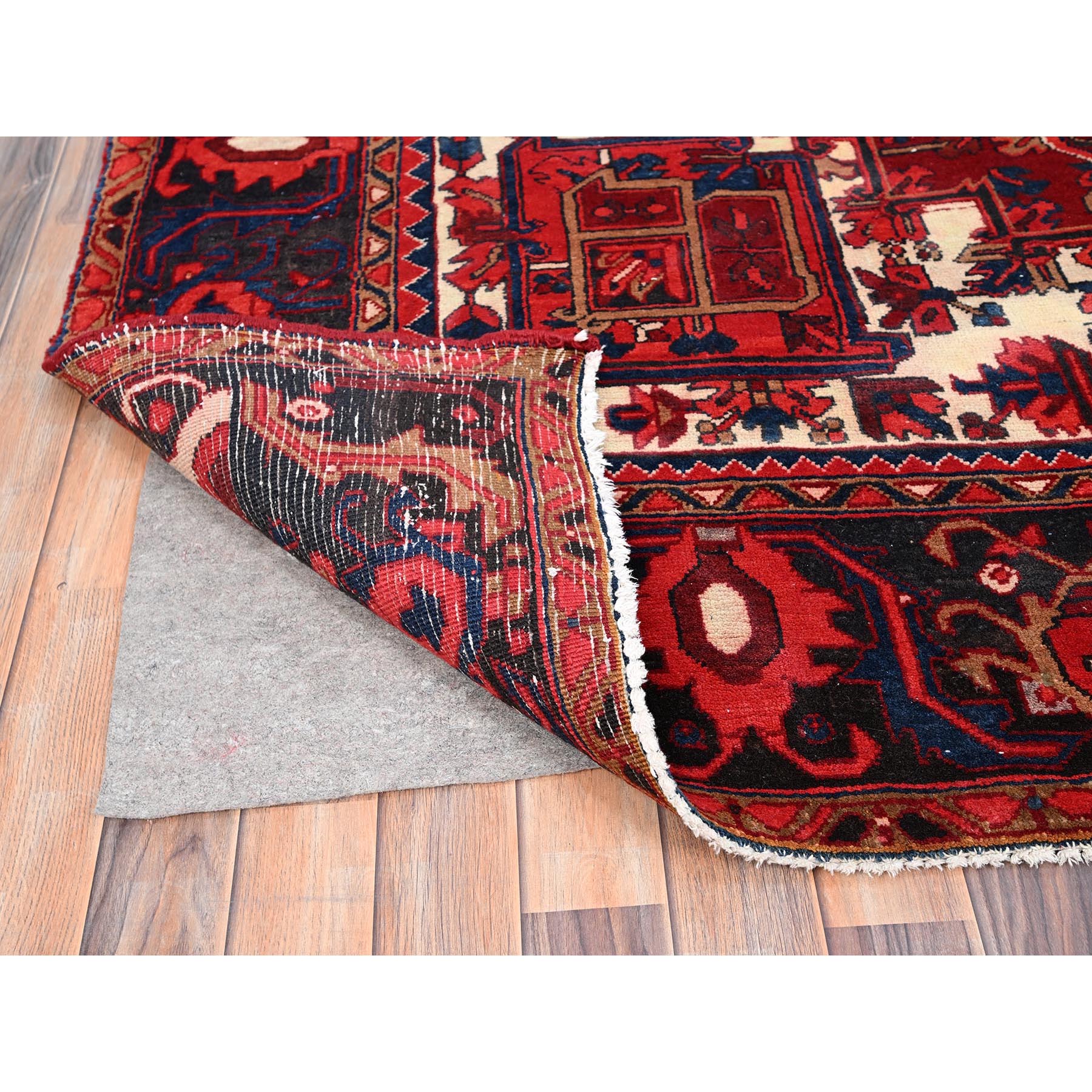 7'10"x11'9" Fire Brick Red, Hand Knotted, Semi Antique Bohemian Persian Heriz, Good Condition, Distressed Feel, Evenly Worn, Pure Wool, Sides and Ends Professionally Secured, Cleaned, Oriental Rug Sh85328