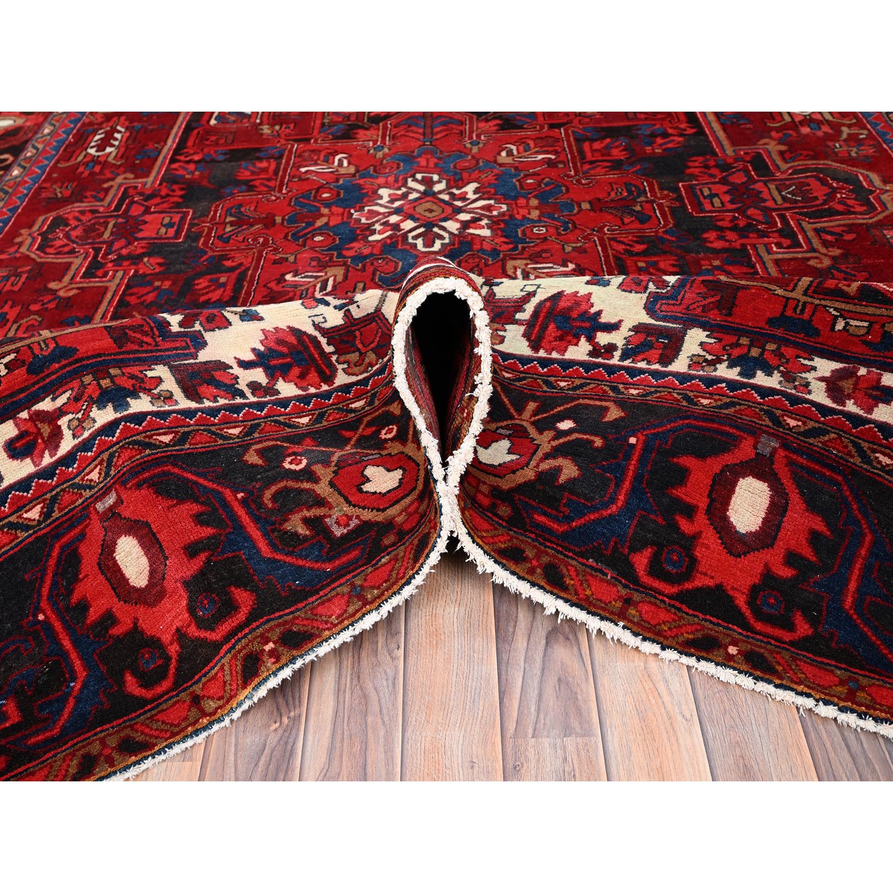 7'10"x11'9" Fire Brick Red, Hand Knotted, Semi Antique Bohemian Persian Heriz, Good Condition, Distressed Feel, Evenly Worn, Pure Wool, Sides and Ends Professionally Secured, Cleaned, Oriental Rug Sh85328