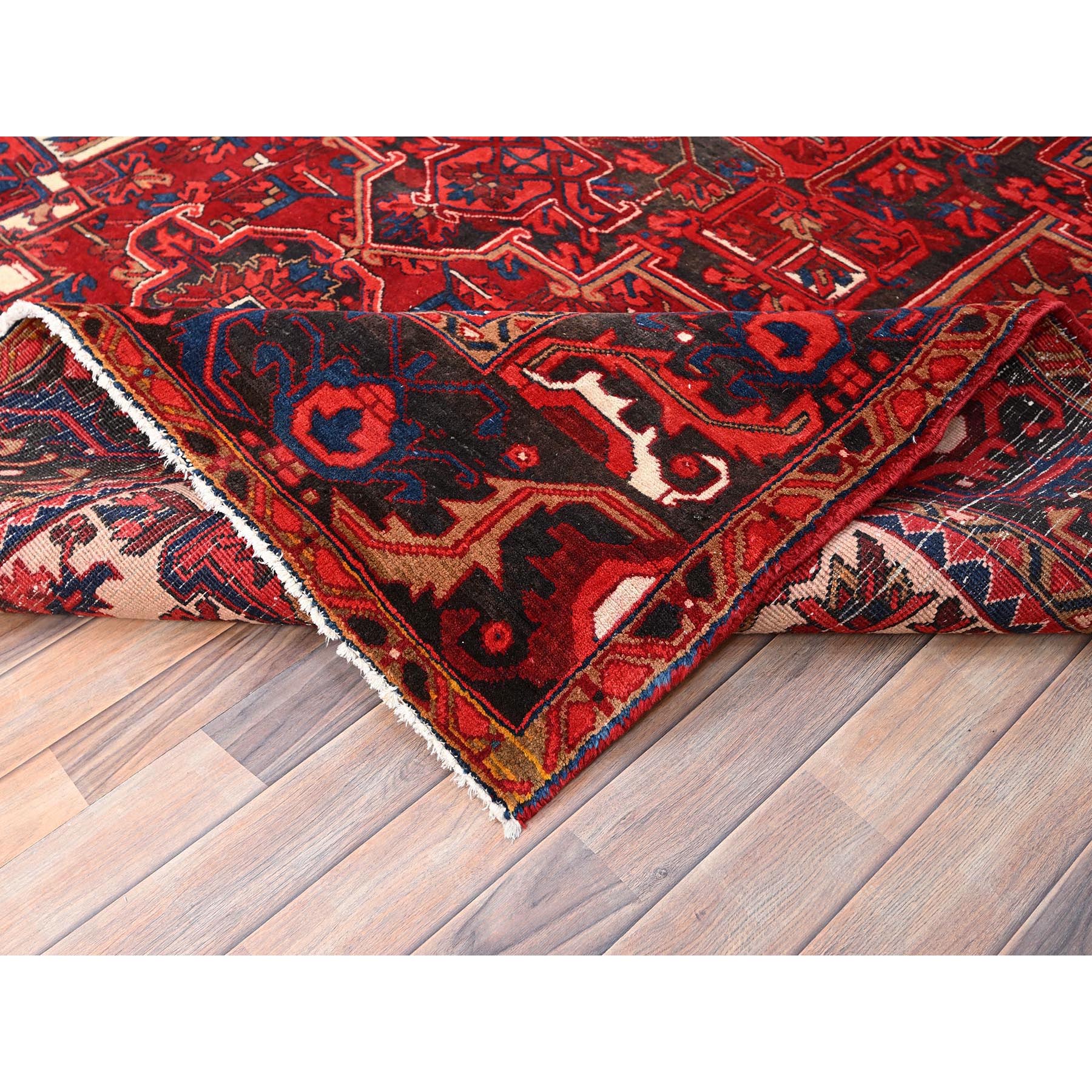 7'10"x11'9" Fire Brick Red, Hand Knotted, Semi Antique Bohemian Persian Heriz, Good Condition, Distressed Feel, Evenly Worn, Pure Wool, Sides and Ends Professionally Secured, Cleaned, Oriental Rug Sh85328