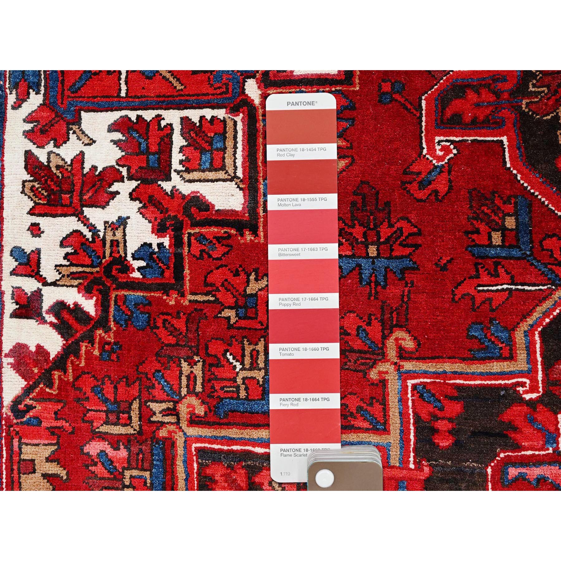 7'10"x11'9" Fire Brick Red, Hand Knotted, Semi Antique Bohemian Persian Heriz, Good Condition, Distressed Feel, Evenly Worn, Pure Wool, Sides and Ends Professionally Secured, Cleaned, Oriental Rug Sh85328