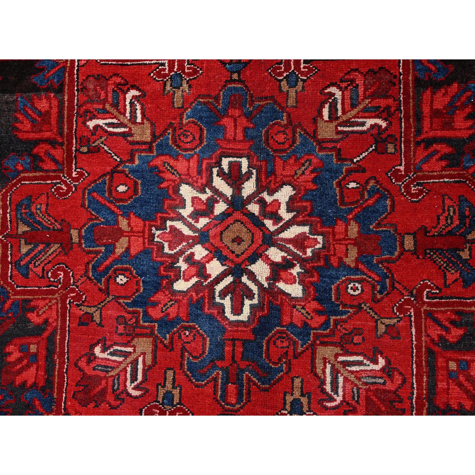 7'10"x11'9" Fire Brick Red, Hand Knotted, Semi Antique Bohemian Persian Heriz, Good Condition, Distressed Feel, Evenly Worn, Pure Wool, Sides and Ends Professionally Secured, Cleaned, Oriental Rug Sh85328