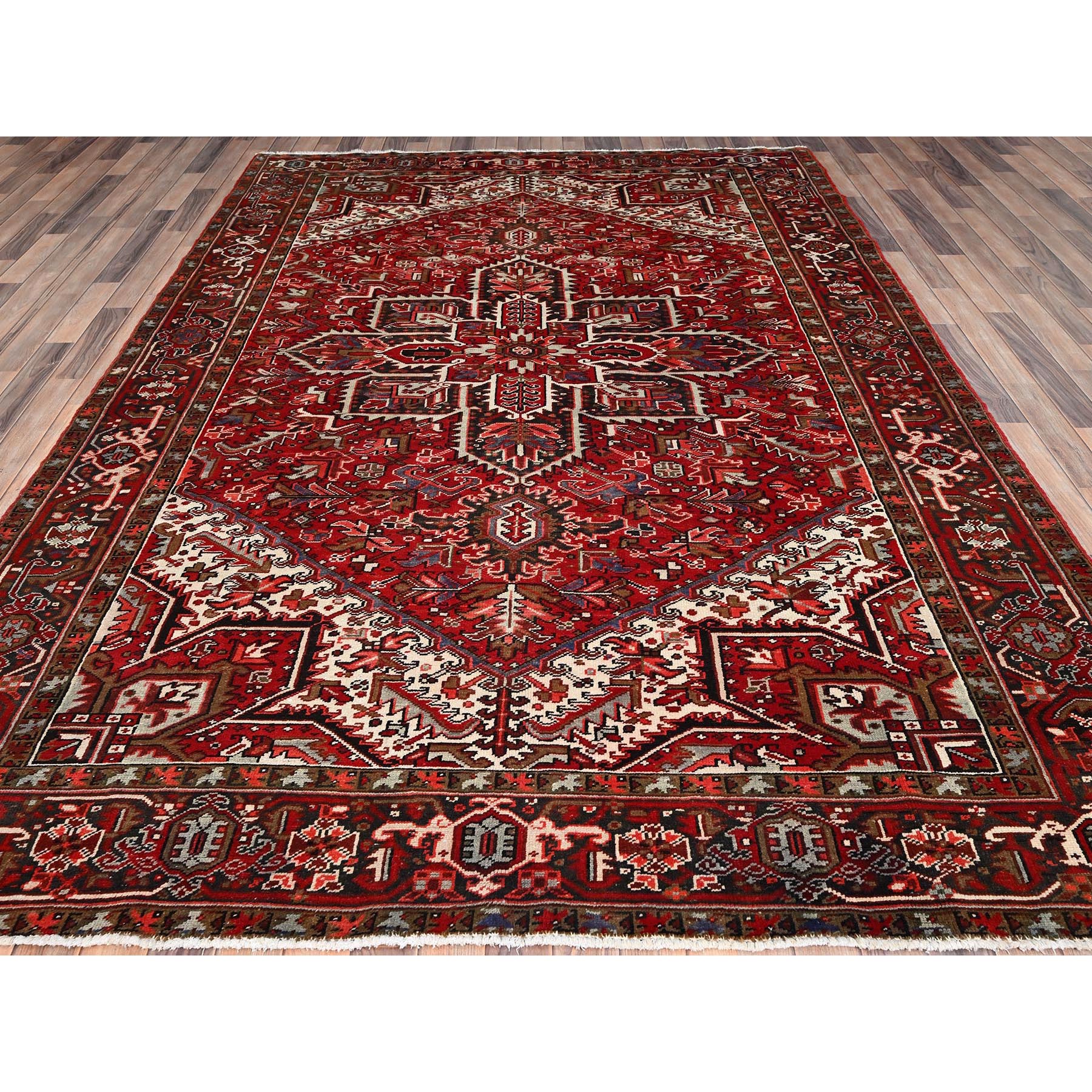 7'9"x10'10" Ajax Red, Pure Wool, Hand Knotted, Vintage Bohemian Persian Heriz, Large Geometric Medallion, Good Condition, Rustic Look, Sides and Ends Professionally Secured, Cleaned, Oriental Rug Sh85339