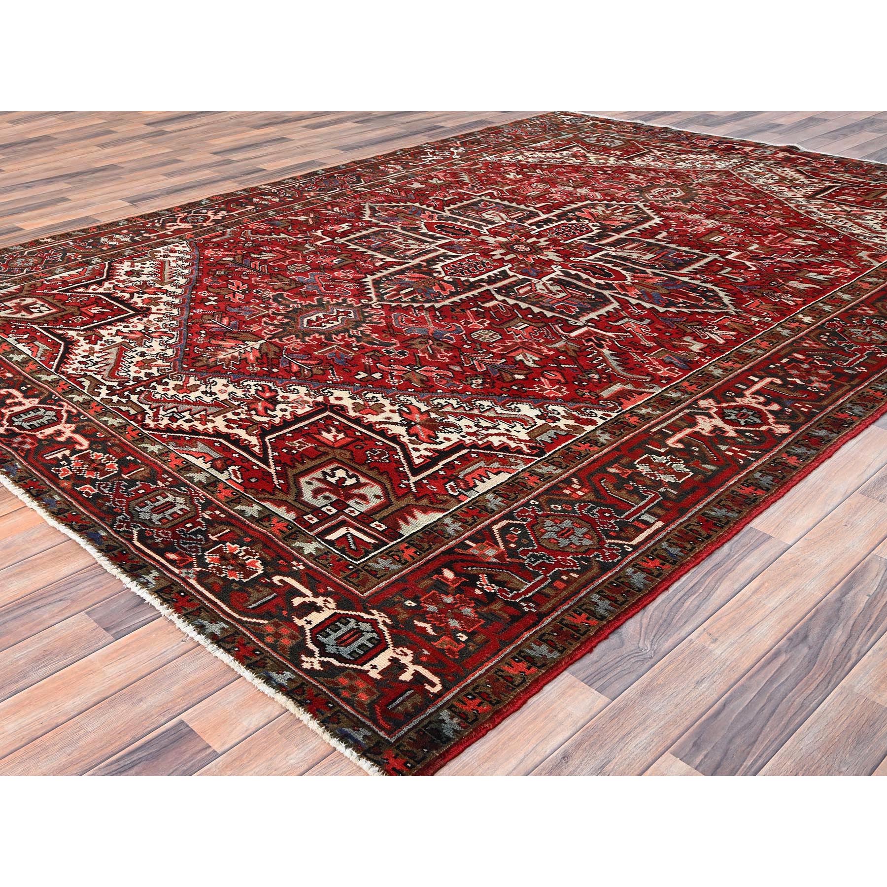7'9"x10'10" Ajax Red, Pure Wool, Hand Knotted, Vintage Bohemian Persian Heriz, Large Geometric Medallion, Good Condition, Rustic Look, Sides and Ends Professionally Secured, Cleaned, Oriental Rug Sh85339