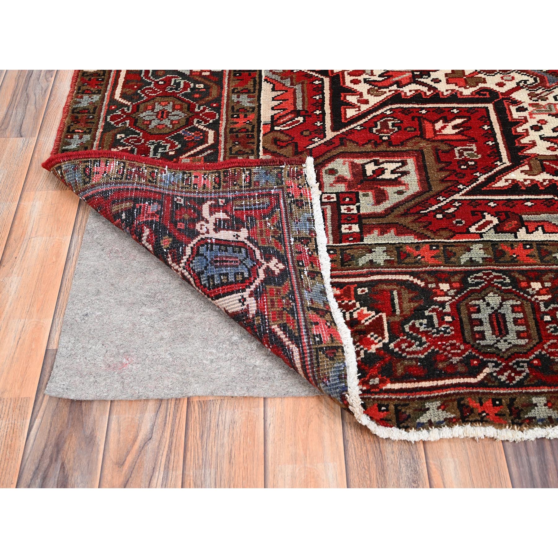 7'9"x10'10" Ajax Red, Pure Wool, Hand Knotted, Vintage Bohemian Persian Heriz, Large Geometric Medallion, Good Condition, Rustic Look, Sides and Ends Professionally Secured, Cleaned, Oriental Rug Sh85339
